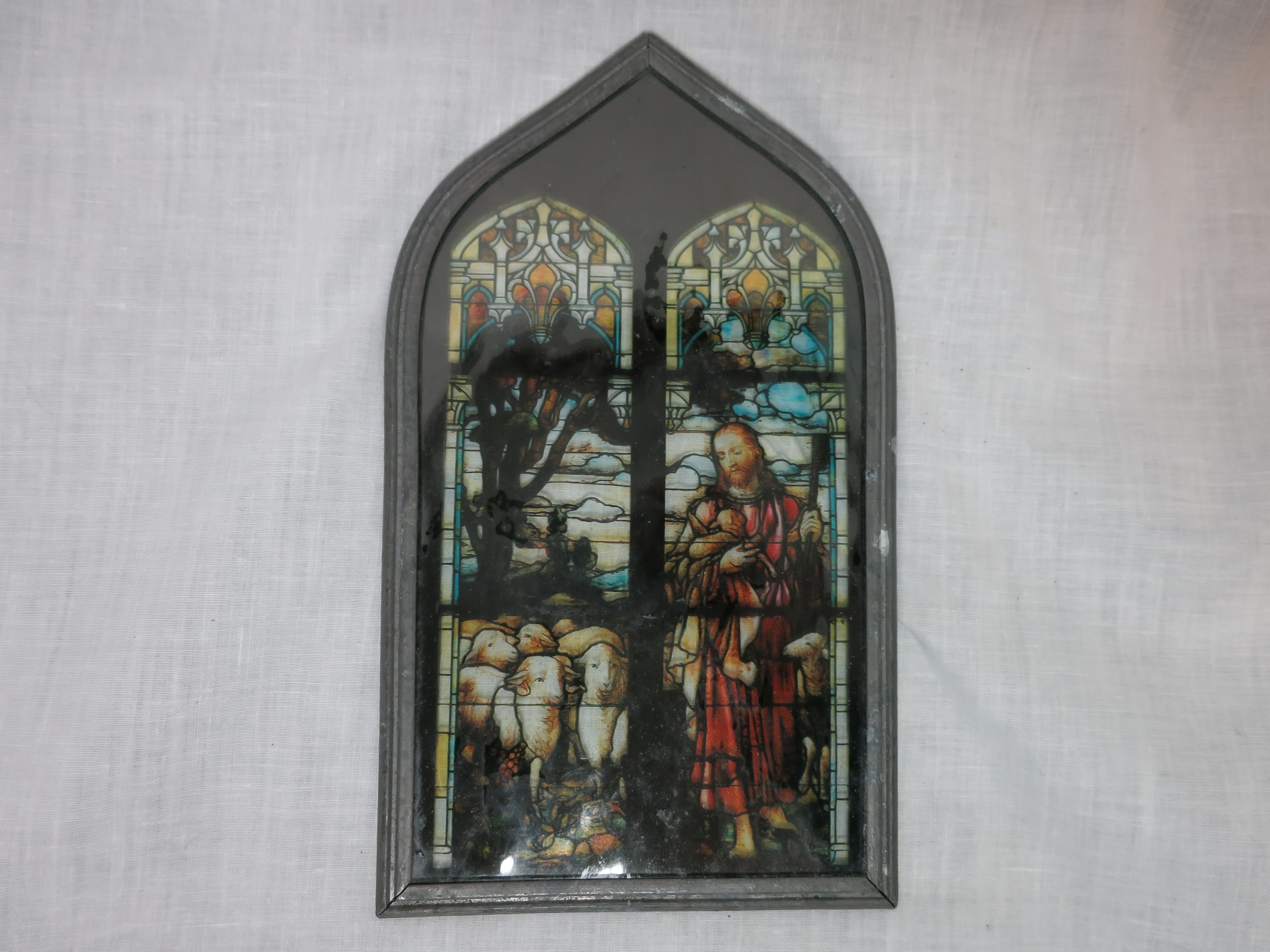 Antique Painted Stained Glass Jesus Sheep Church Window