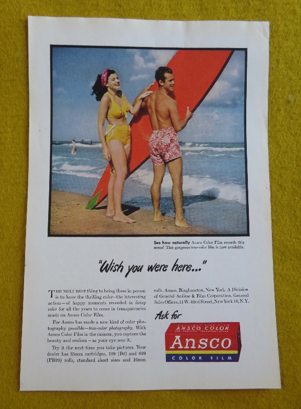 1946 Ansco Color Film With Man & Woman On The Beach While He Holds A Surfboard