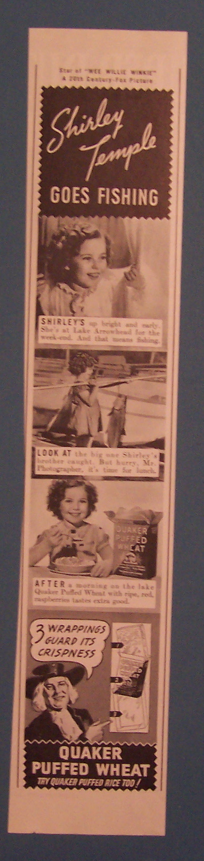 1937 Quaker Puffed Wheat w/Shirley Temple Going Fishing