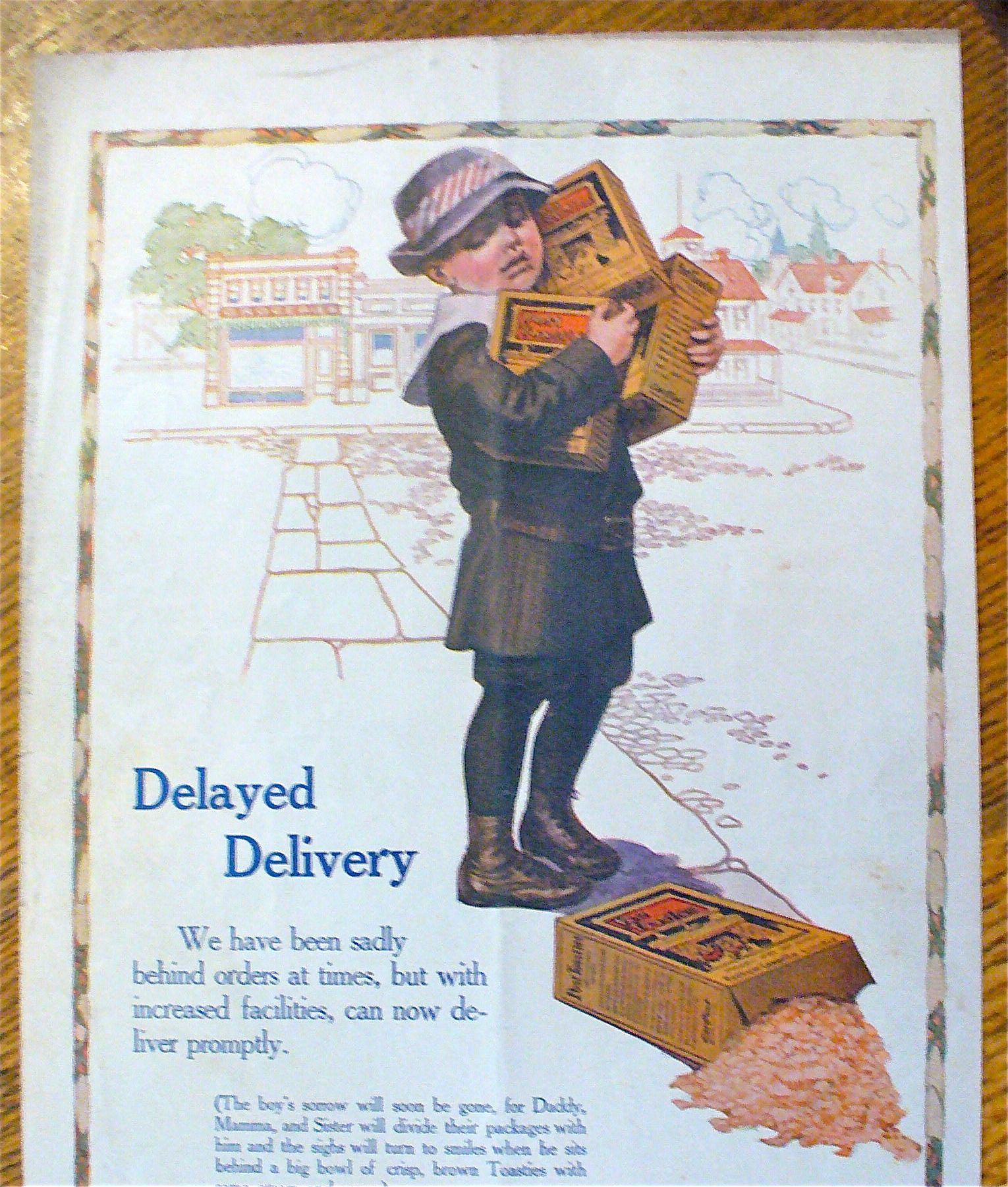 1913 Post Toasties with a Boy Holding 3 Boxes Of Cereal