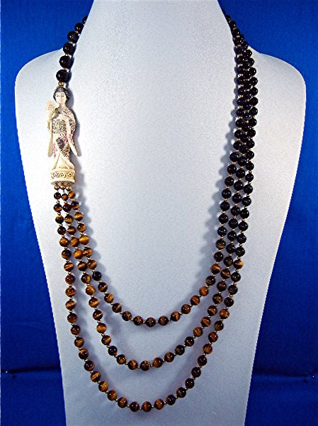 14 K Gold Tiger Eye Blue 2 Strand Faux Netsuke Necklace