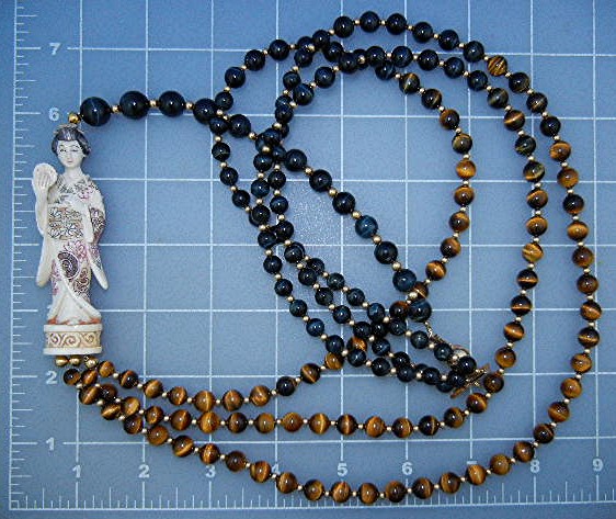 14 K Gold Tiger Eye Blue 2 Strand Faux Netsuke Necklace