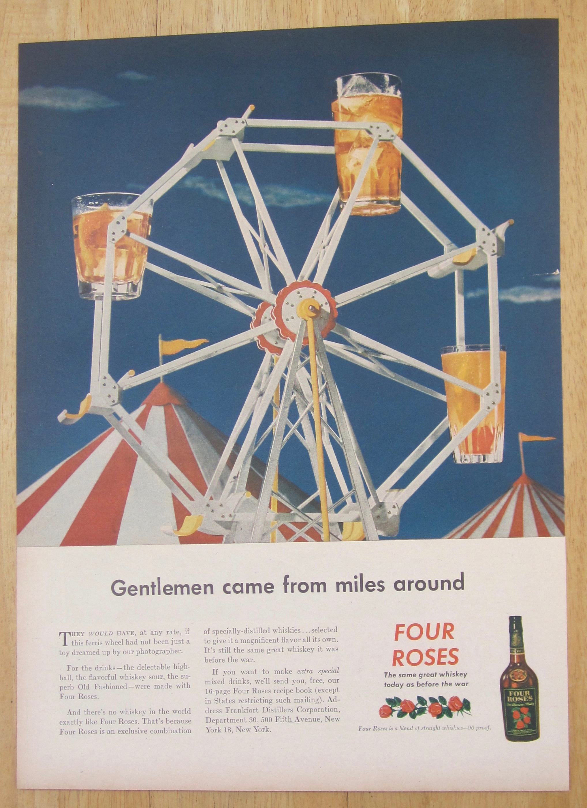 1945 Four Roses Whiskey w/ Whiskey Glass Ferris Wheel