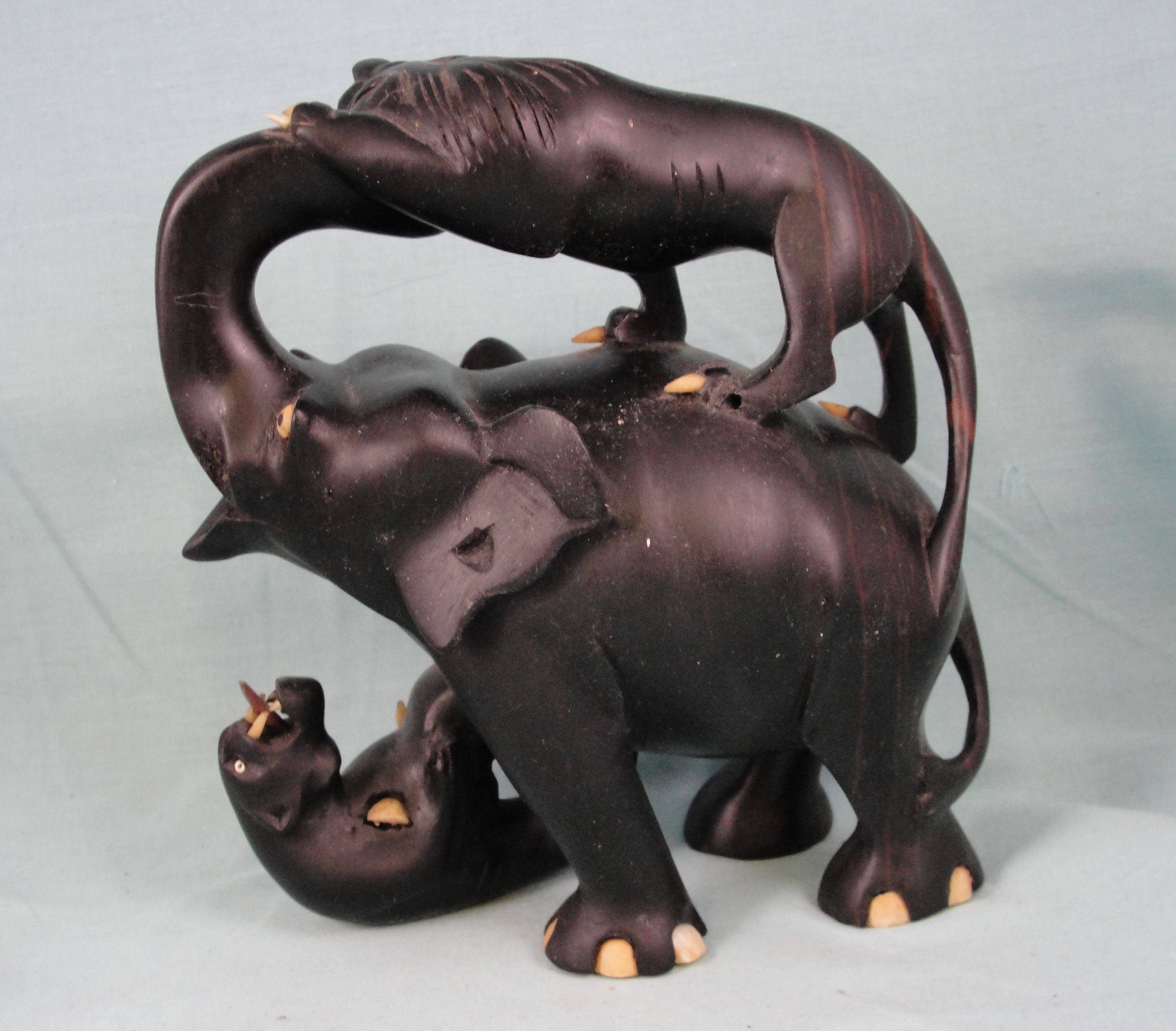 1930s/1940s Carved Ebony Wood Elephant Battling Lions