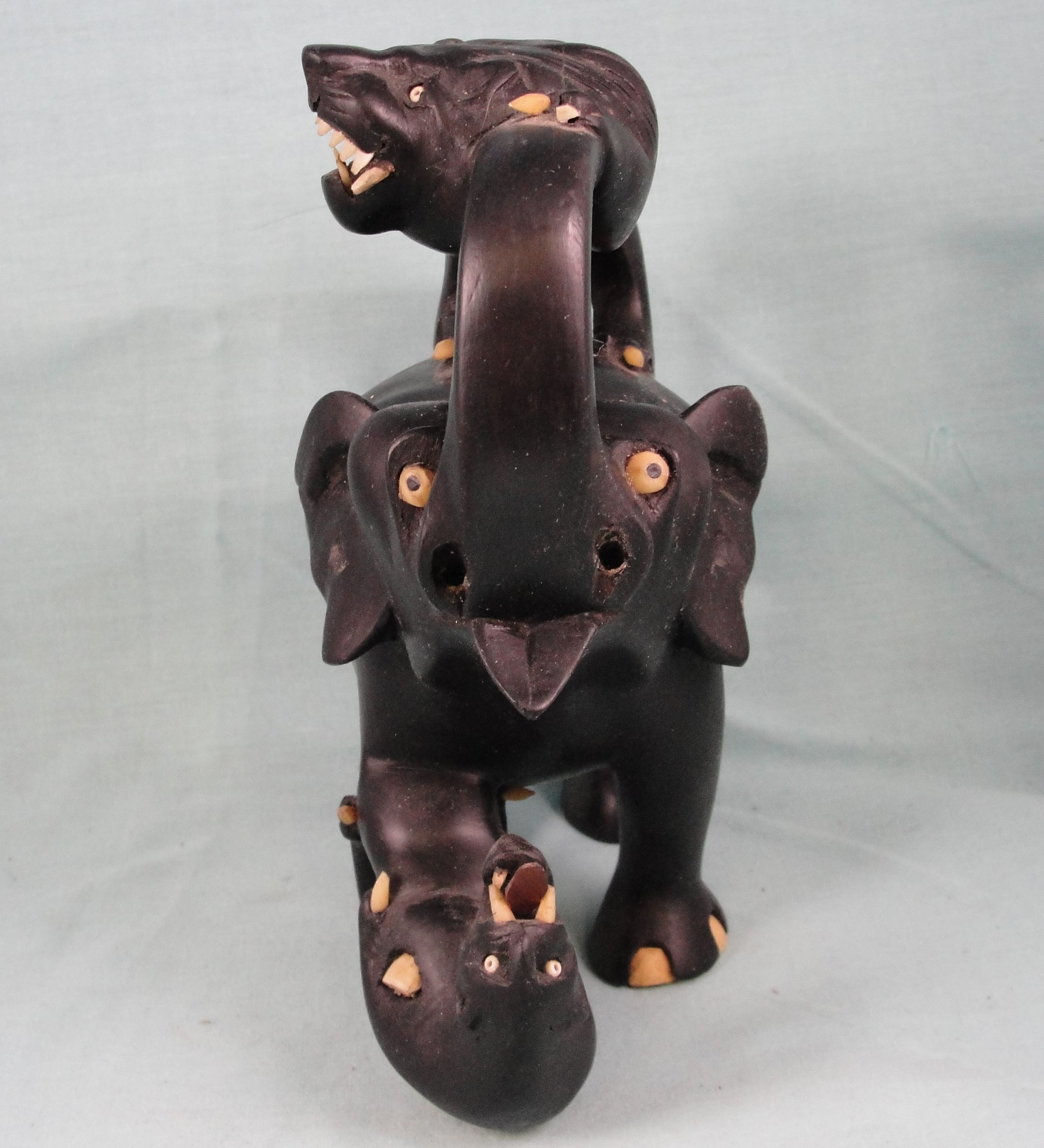 1930s/1940s Carved Ebony Wood Elephant Battling Lions