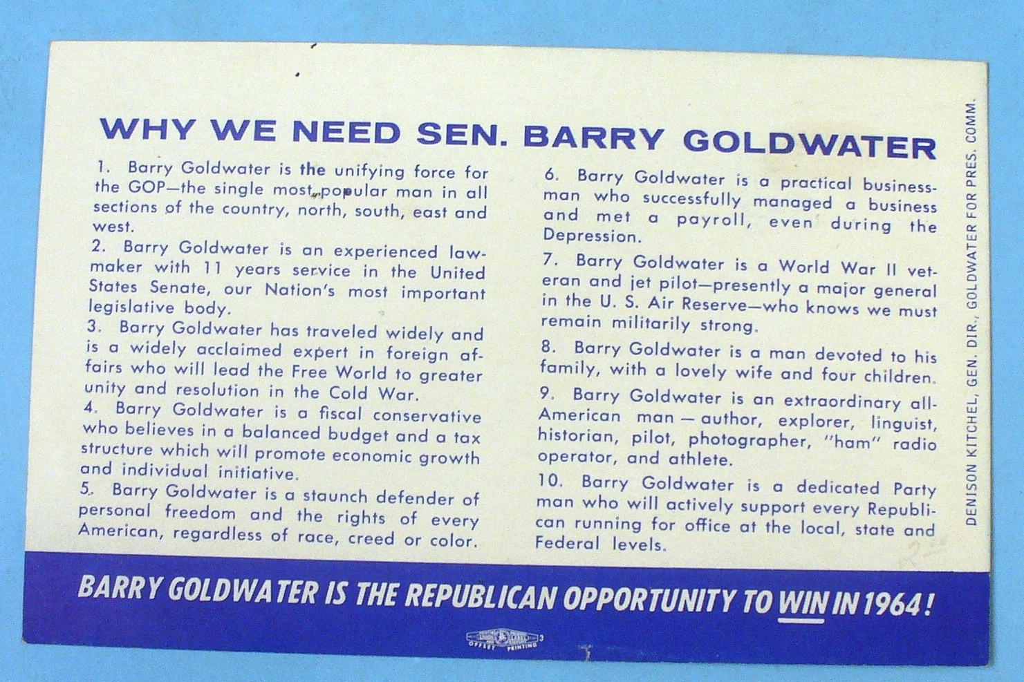 Barry Goldwater For President Postcard-Ten Reasons Why