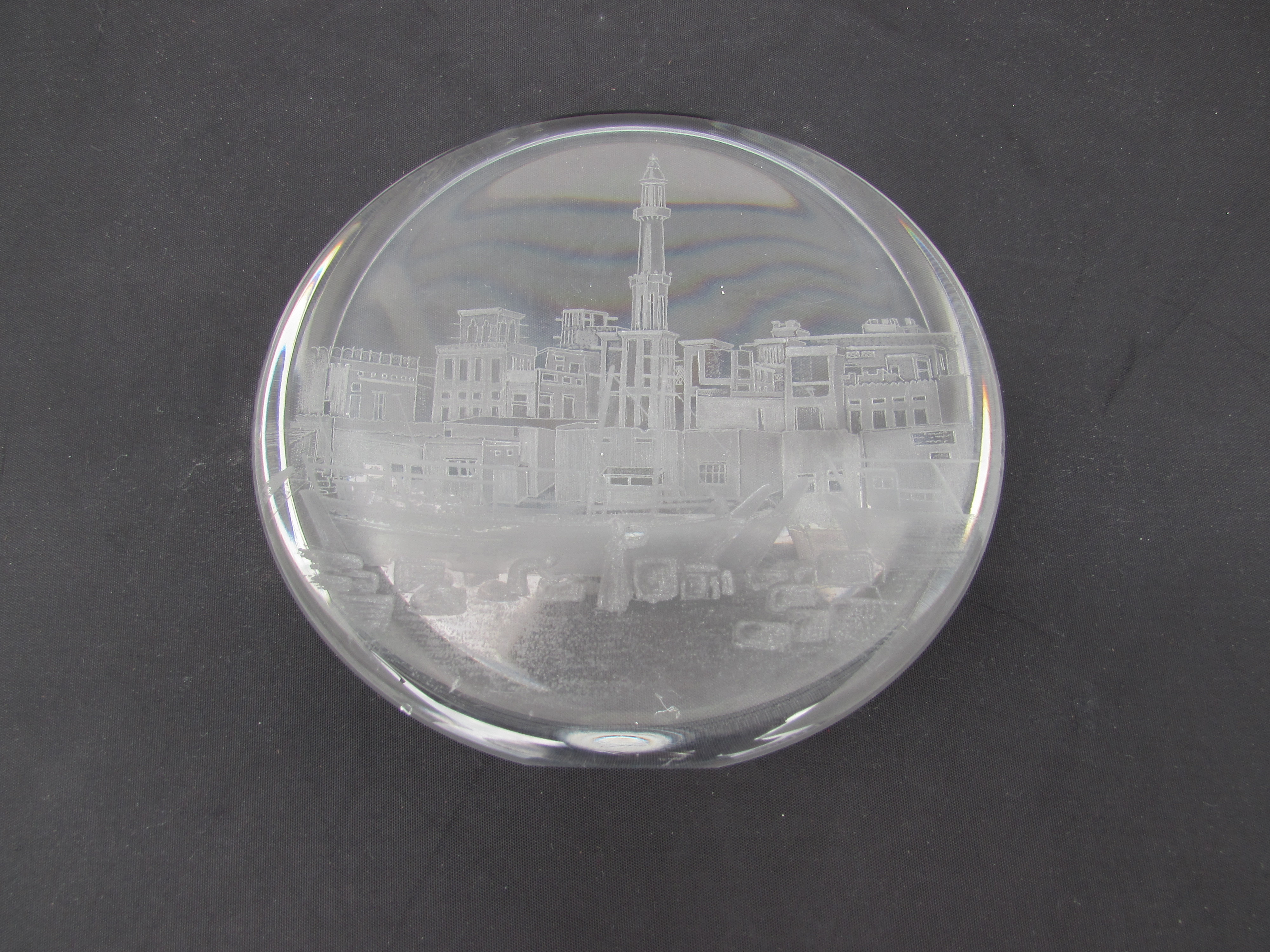 Norway Port Etched Paperweight signed Hadeland Dec 1983