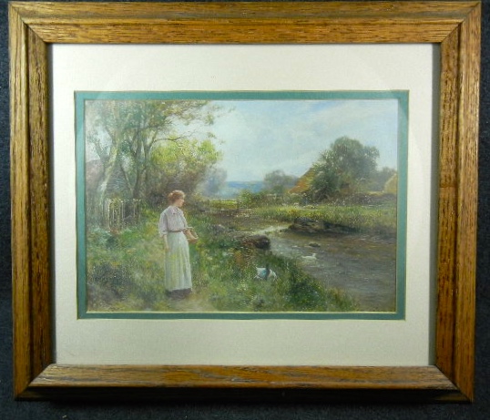 Framed, artist signed print lady by stream with ducks