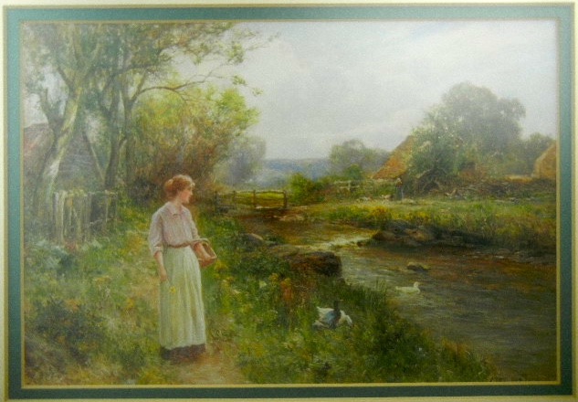 Framed, artist signed print lady by stream with ducks
