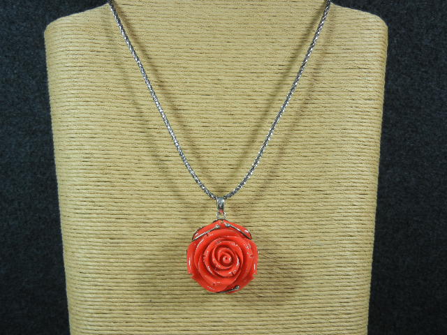 Coral Carved Rose Sterling Silver Pendant Bali