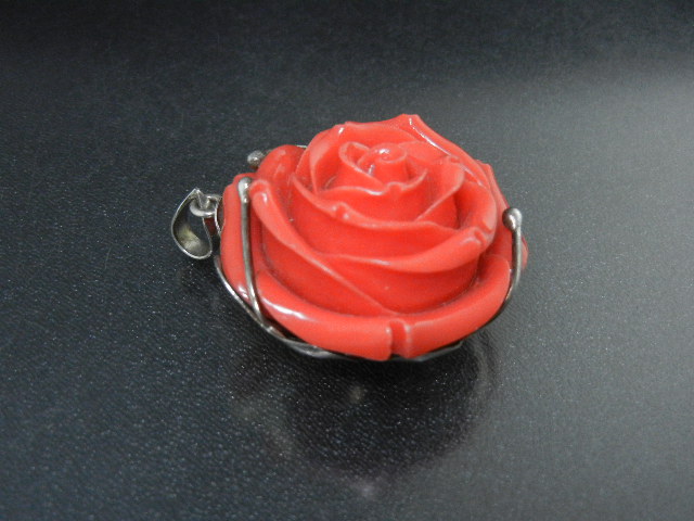 Coral Carved Rose Sterling Silver Pendant Bali