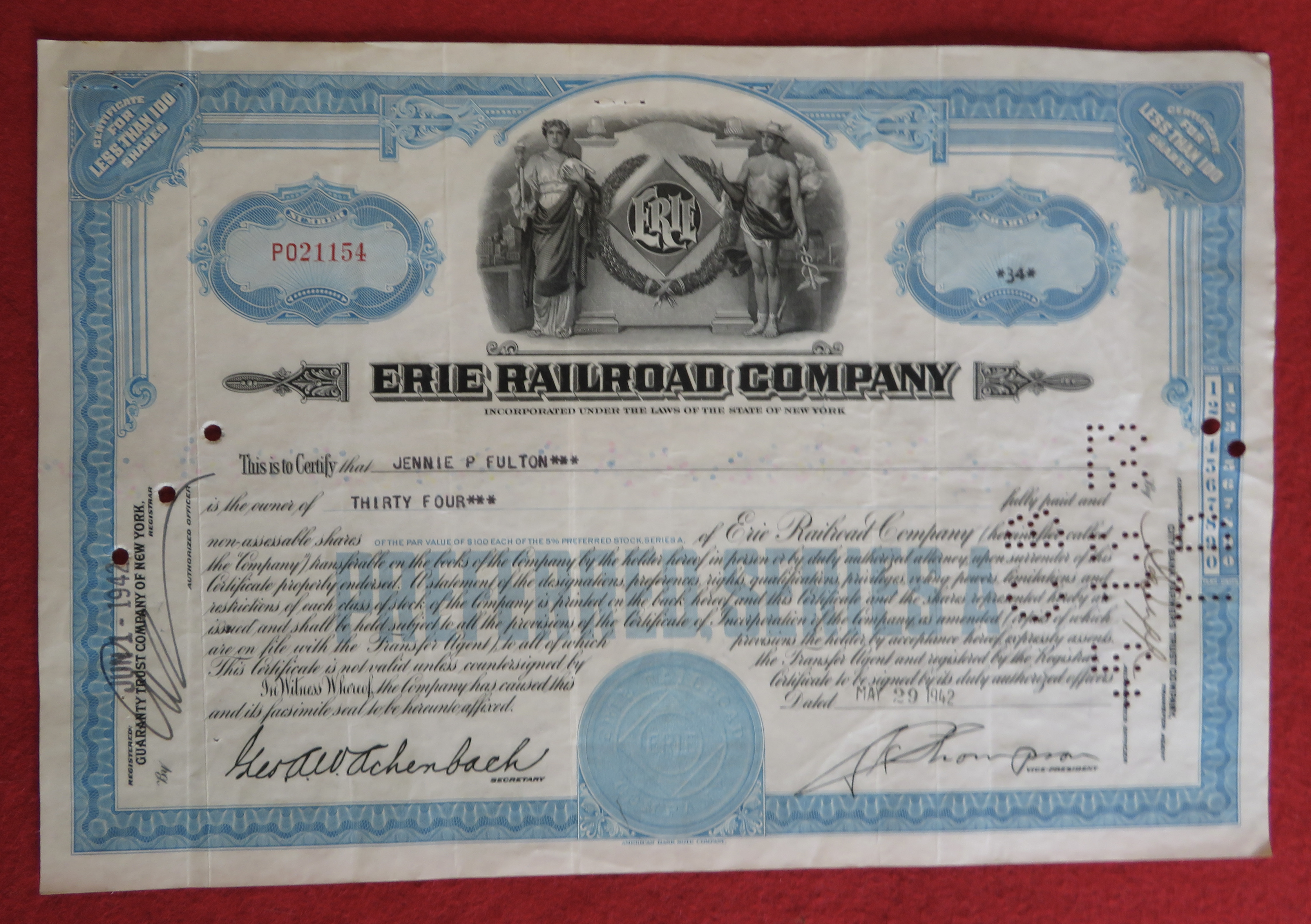 1942 Erie Railroad Company Stock Certificate