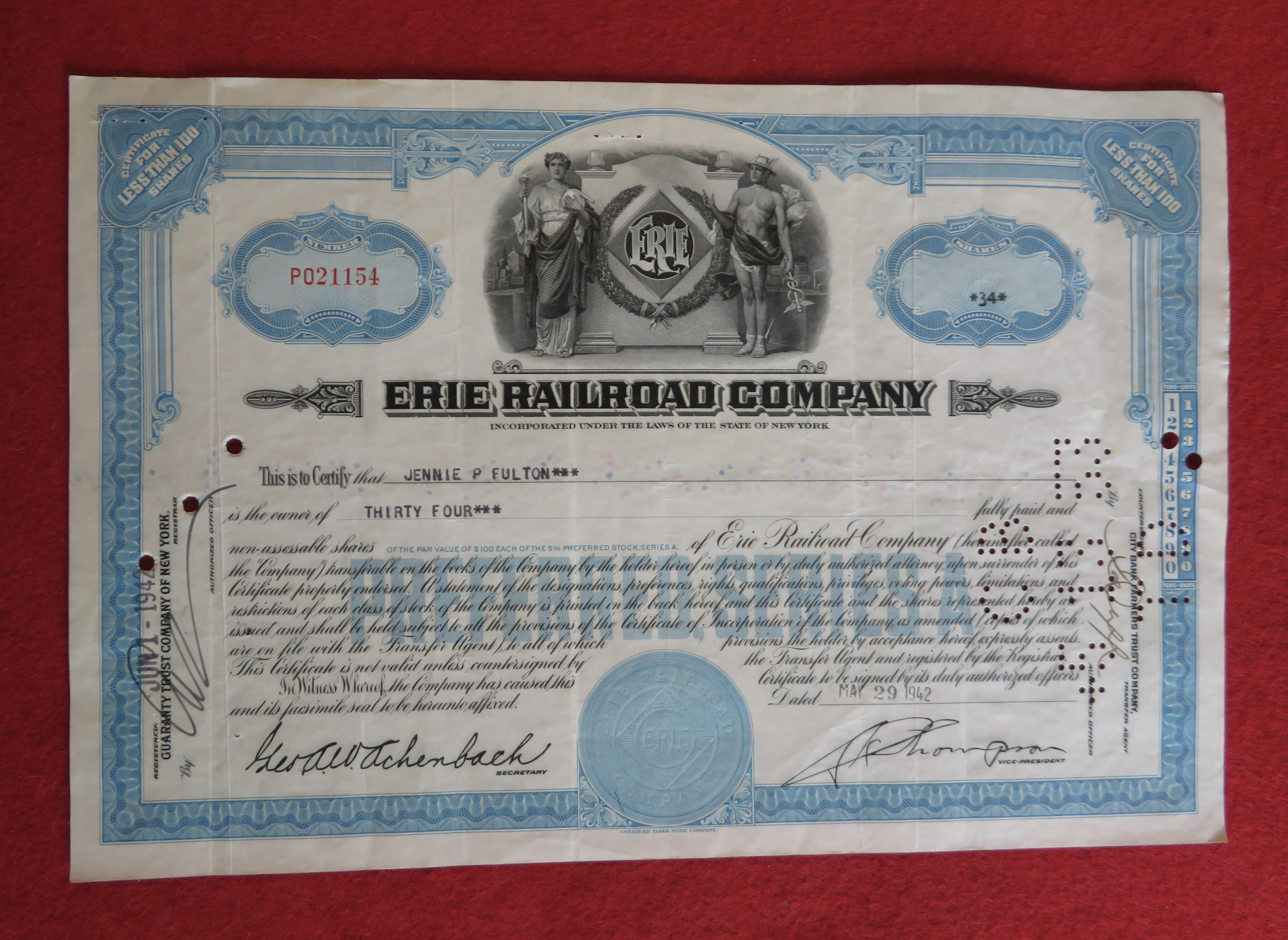 1942 Erie Railroad Company Stock Certificate