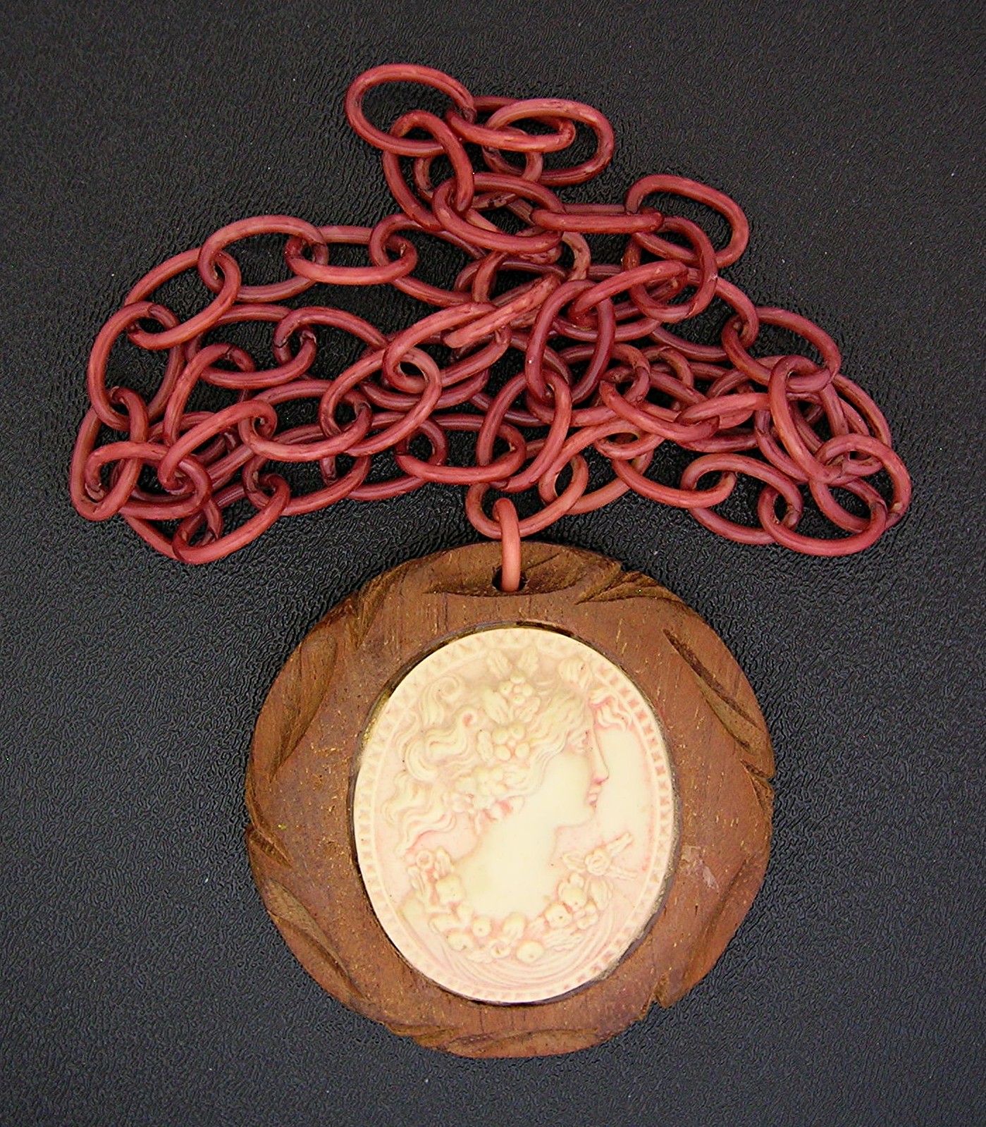 Celluloid and Wood Cameo Necklace