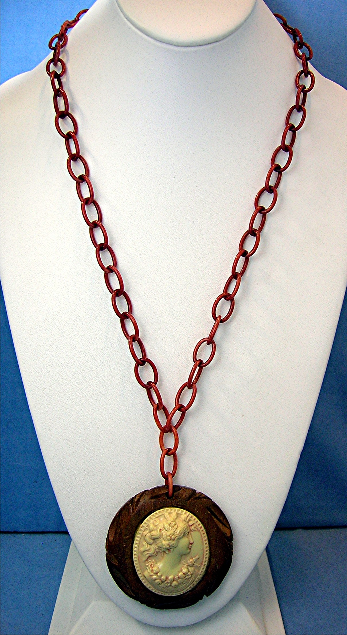 Celluloid and Wood Cameo Necklace