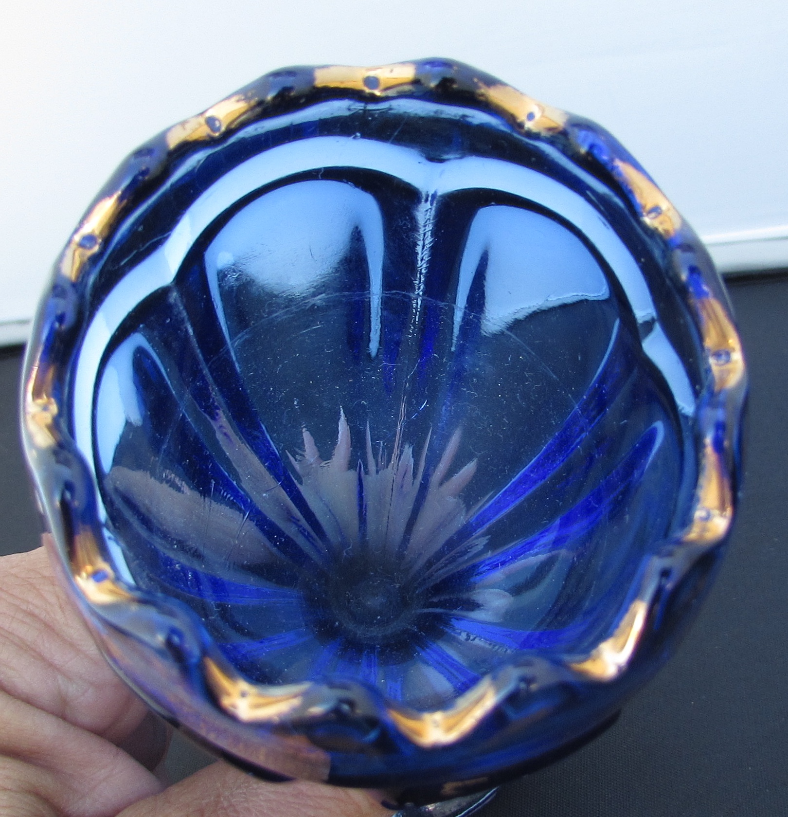 Cobalt Blue glass footed with gold trim