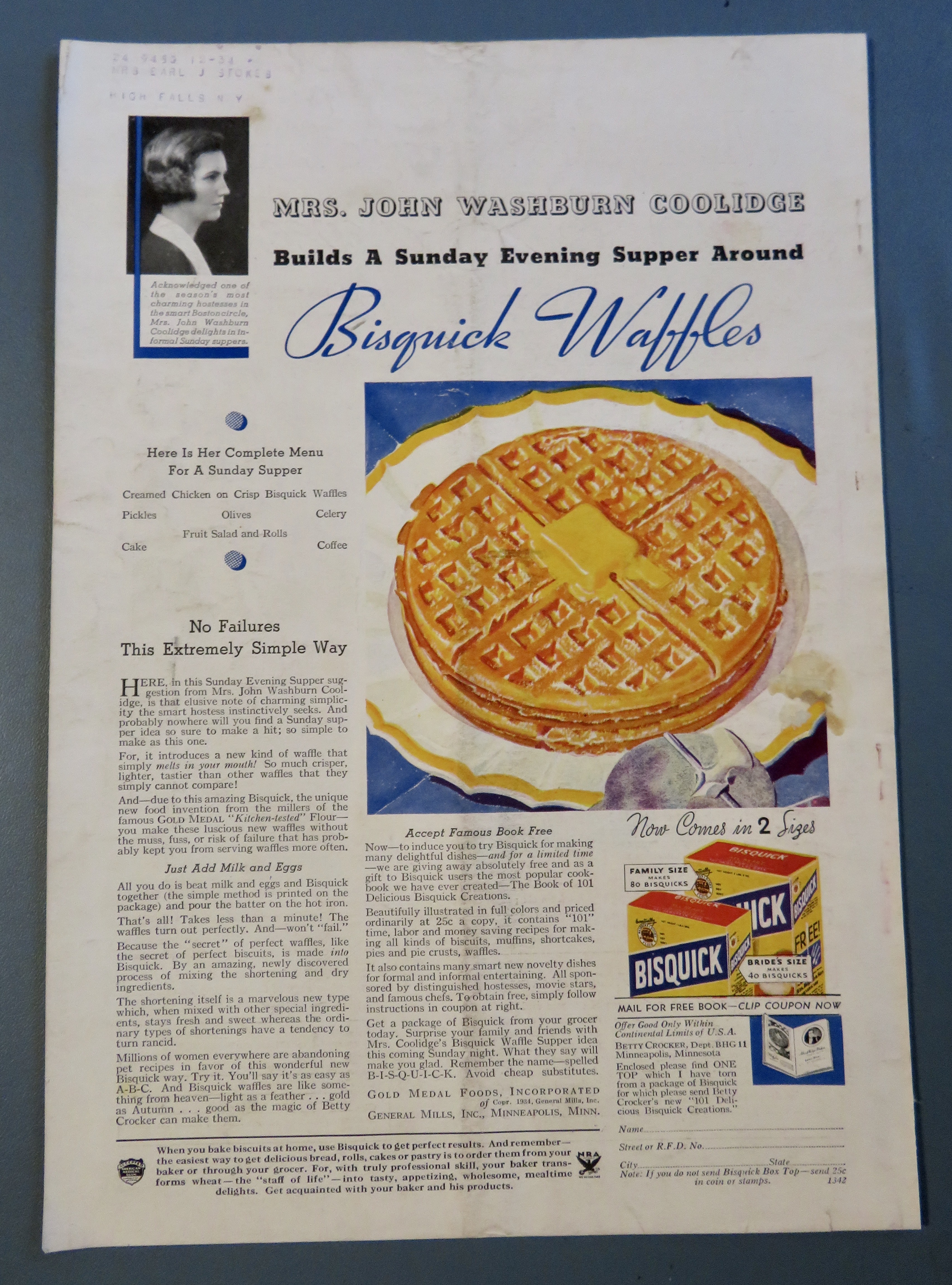 1934  Bisquick Waffle Mix w/ Mrs John Washburn Coolidge