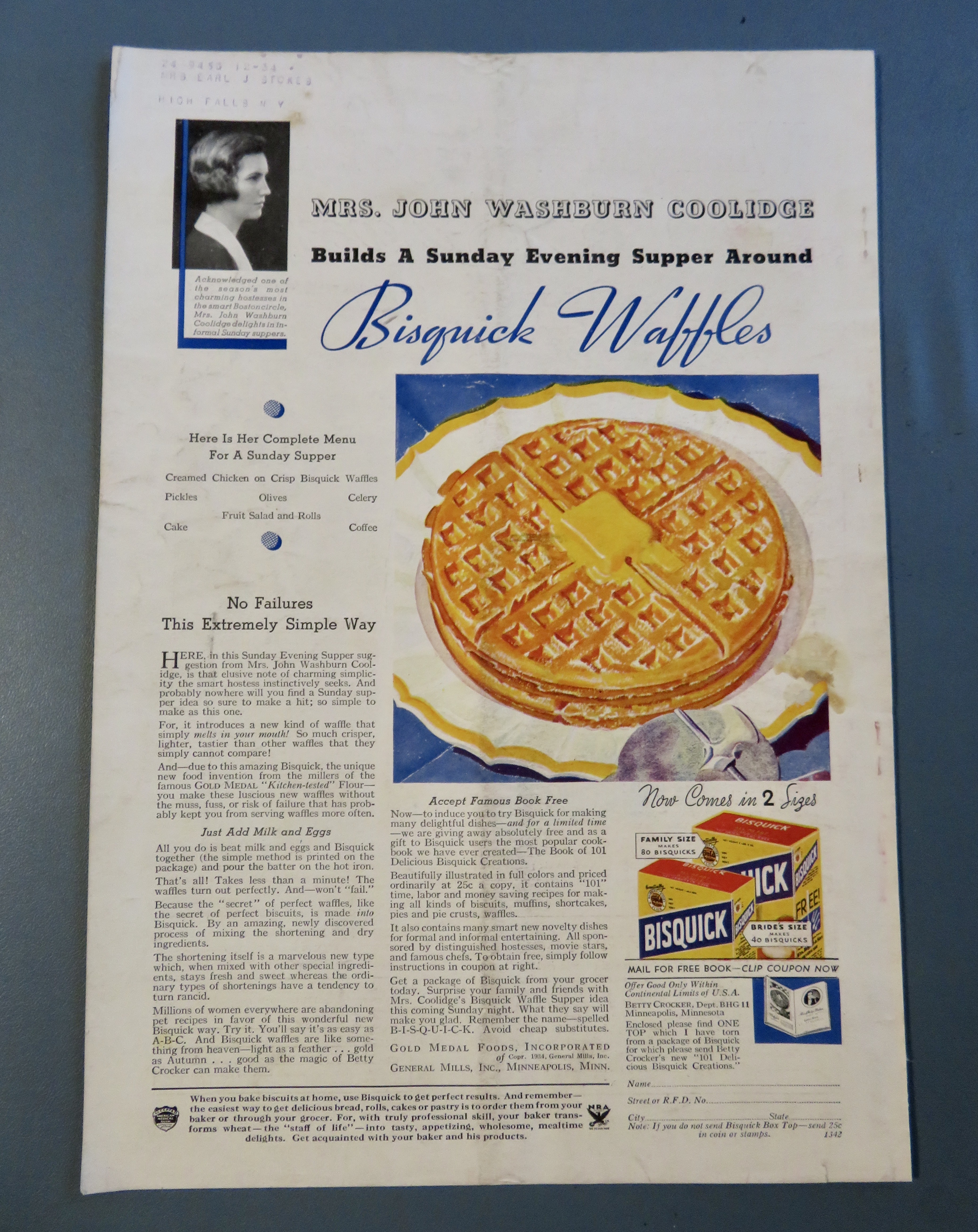 1934  Bisquick Waffle Mix w/ Mrs John Washburn Coolidge