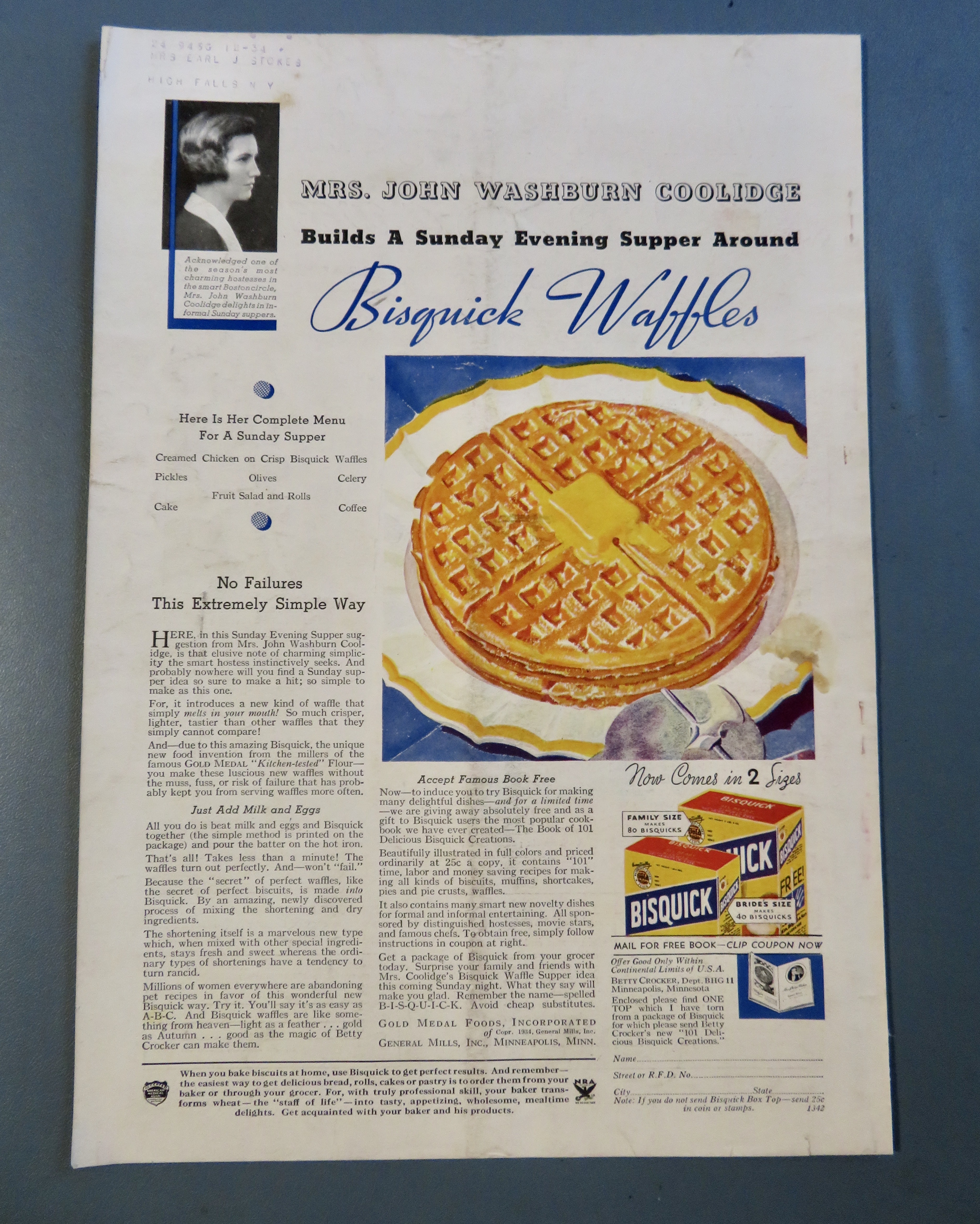 1934  Bisquick Waffle Mix w/ Mrs John Washburn Coolidge