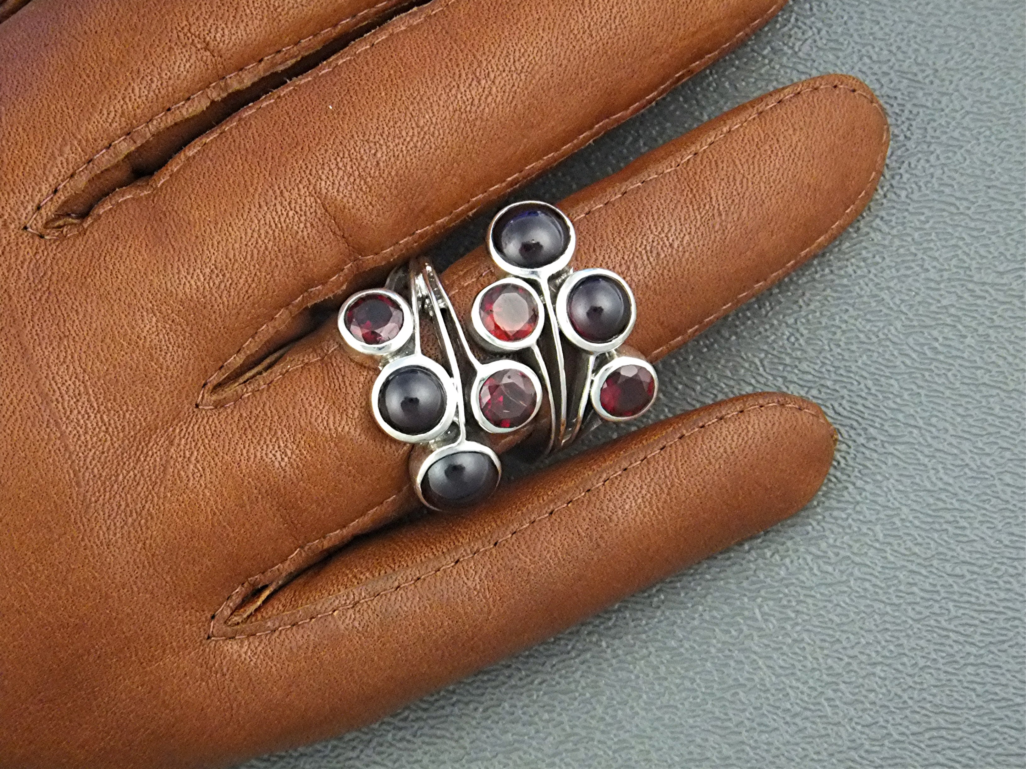 Ring Sterling Silver Faceted and Cabochon Garnets
