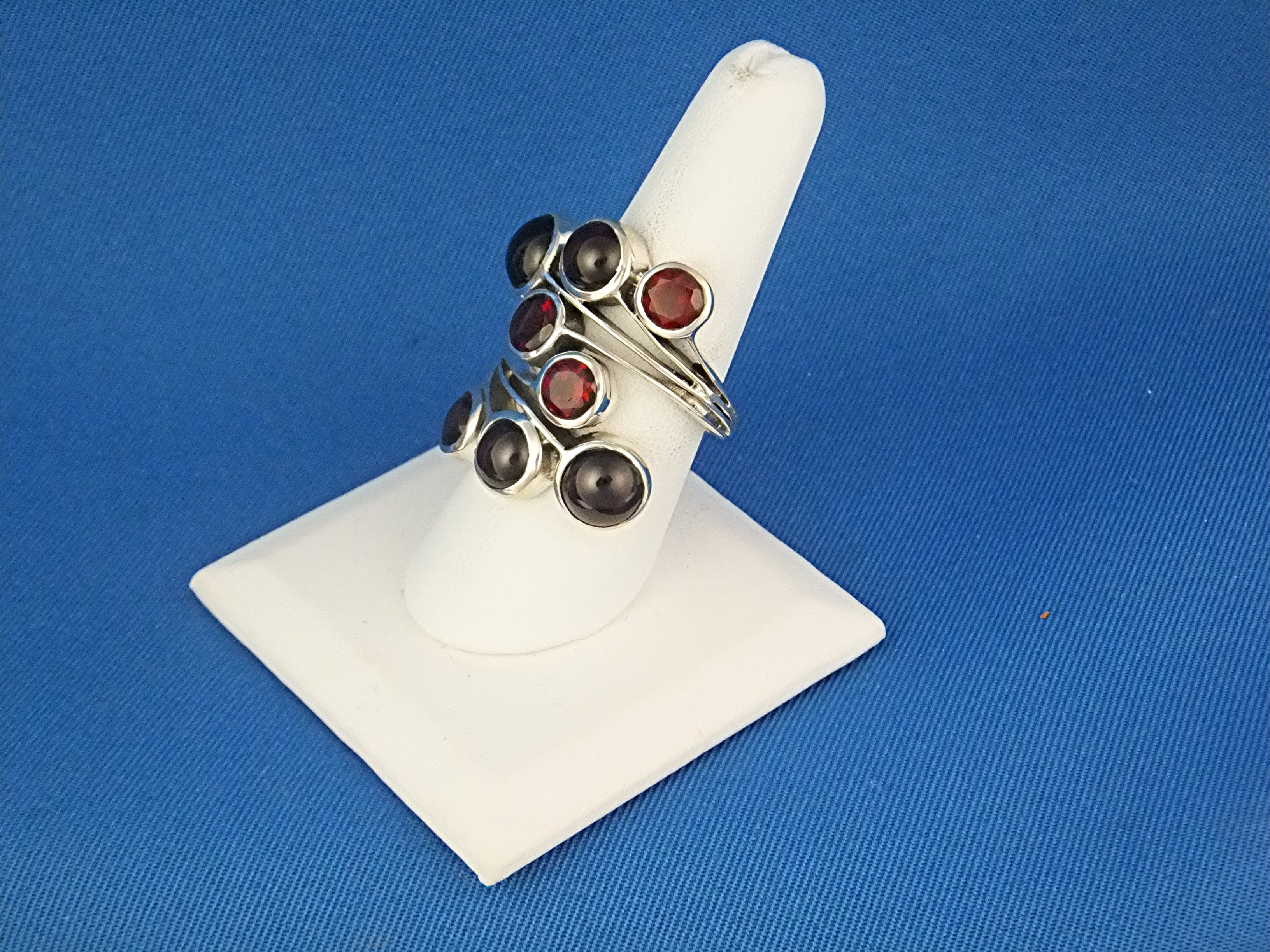 Ring Sterling Silver Faceted and Cabochon Garnets