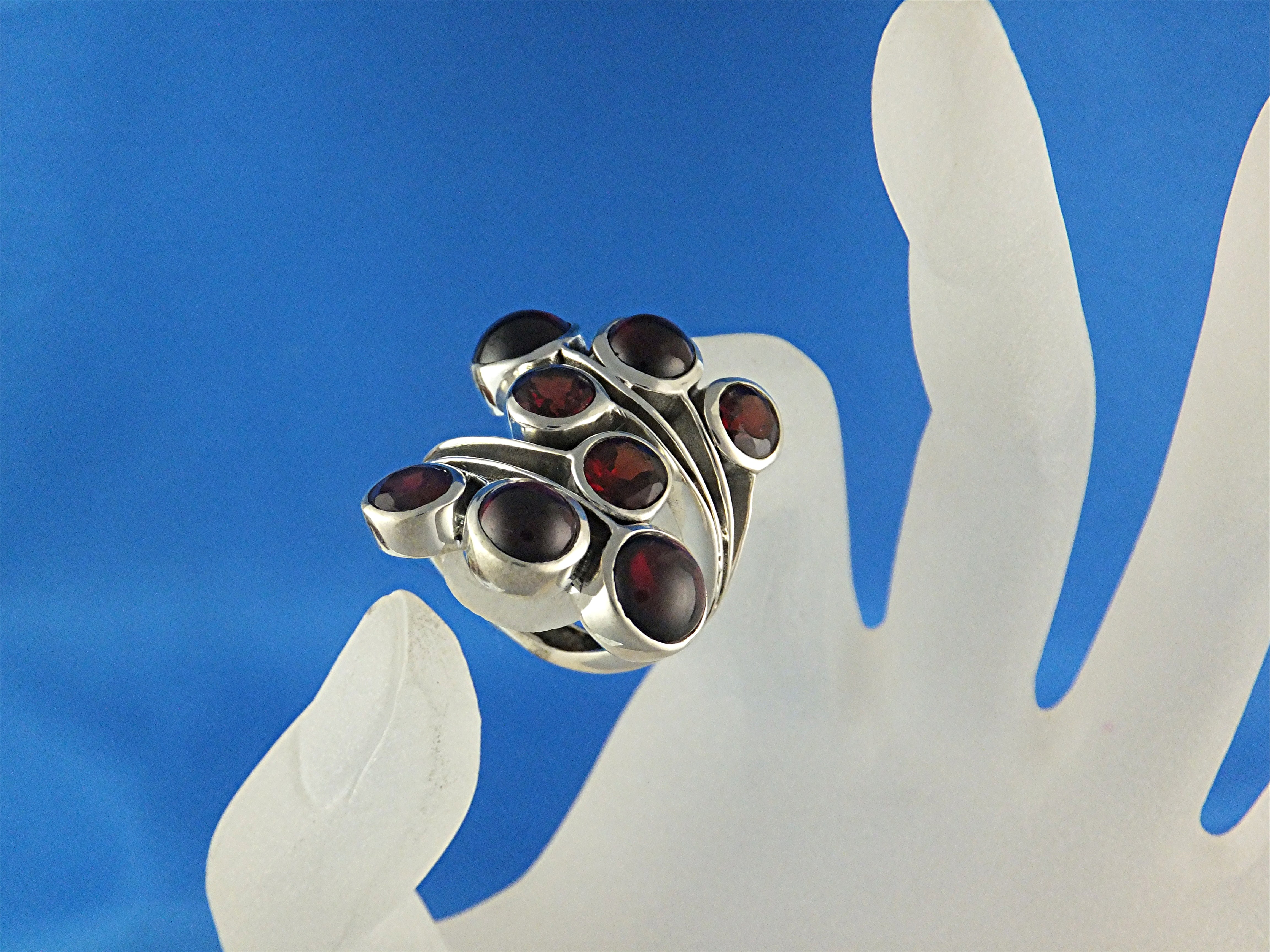 Ring Sterling Silver Faceted and Cabochon Garnets