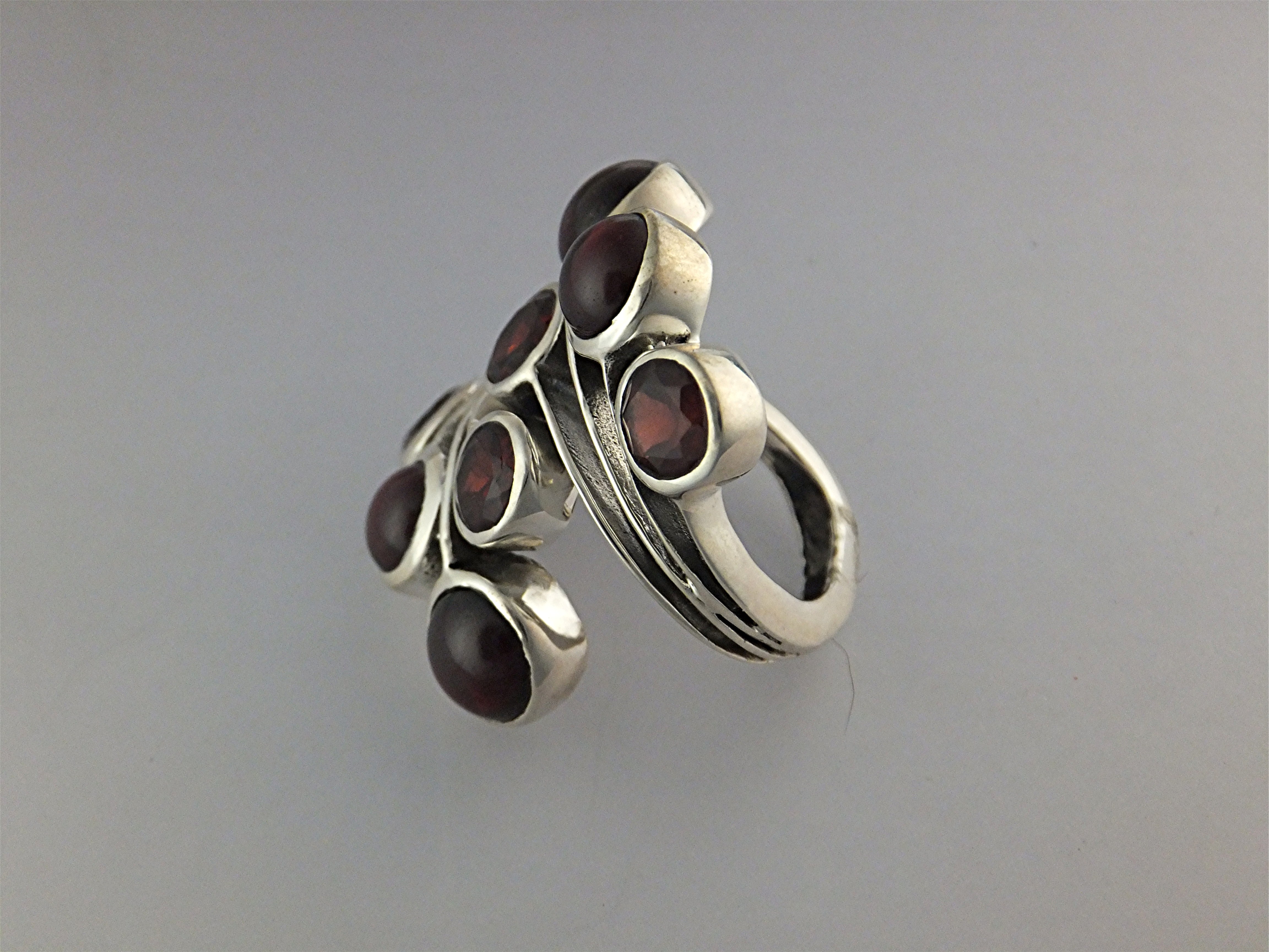 Ring Sterling Silver Faceted and Cabochon Garnets