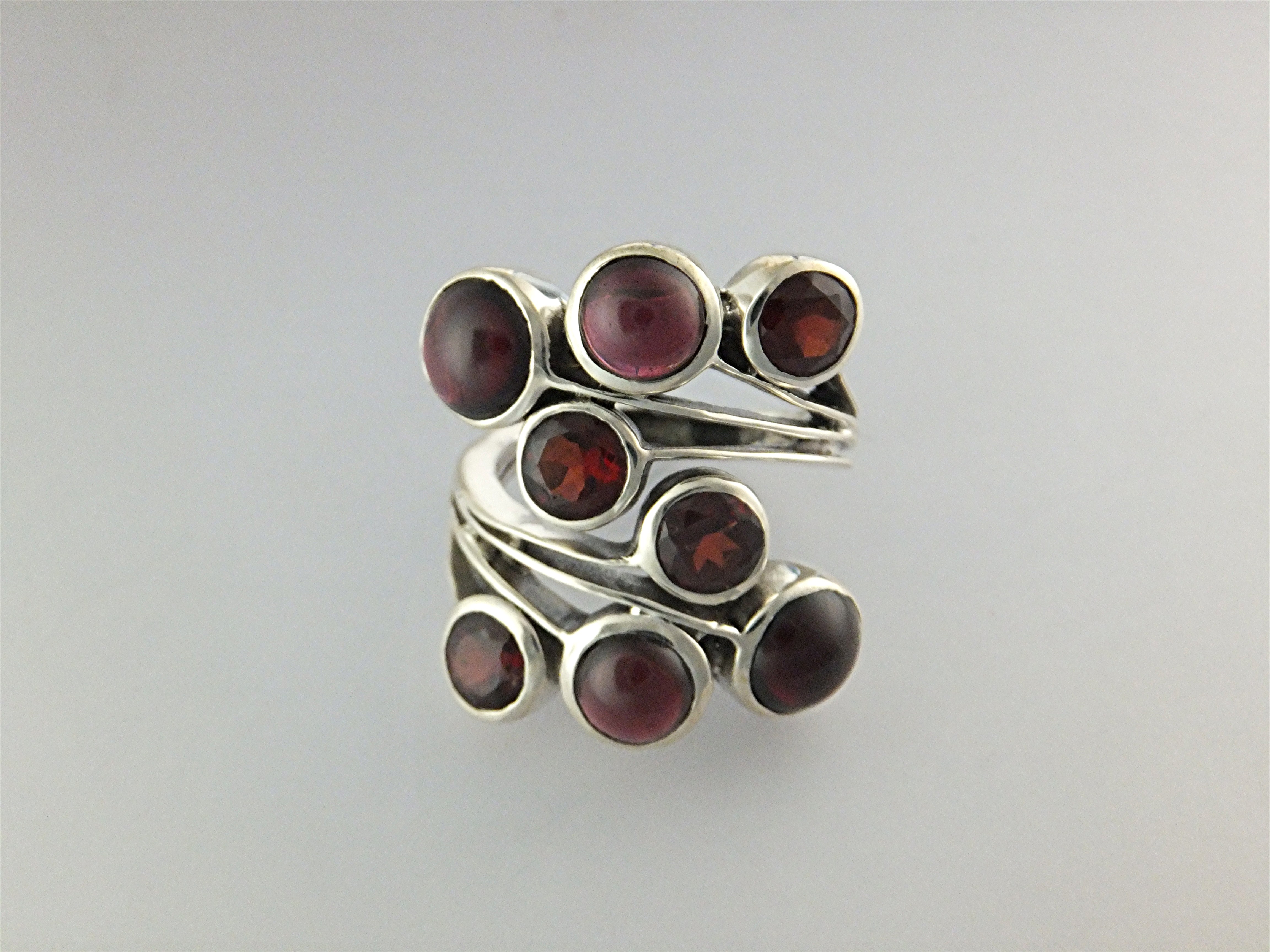Ring Sterling Silver Faceted and Cabochon Garnets
