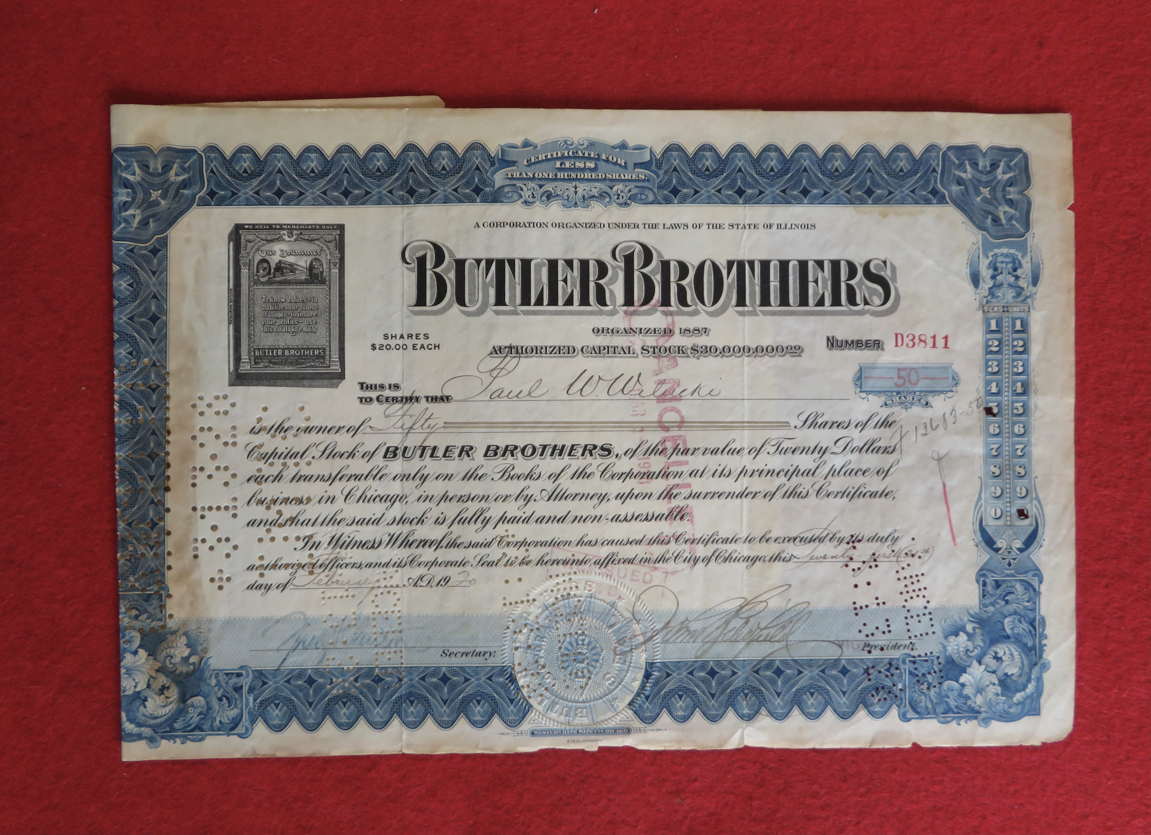 1920 Butler Brothers Catalogue Co Stock Certificate