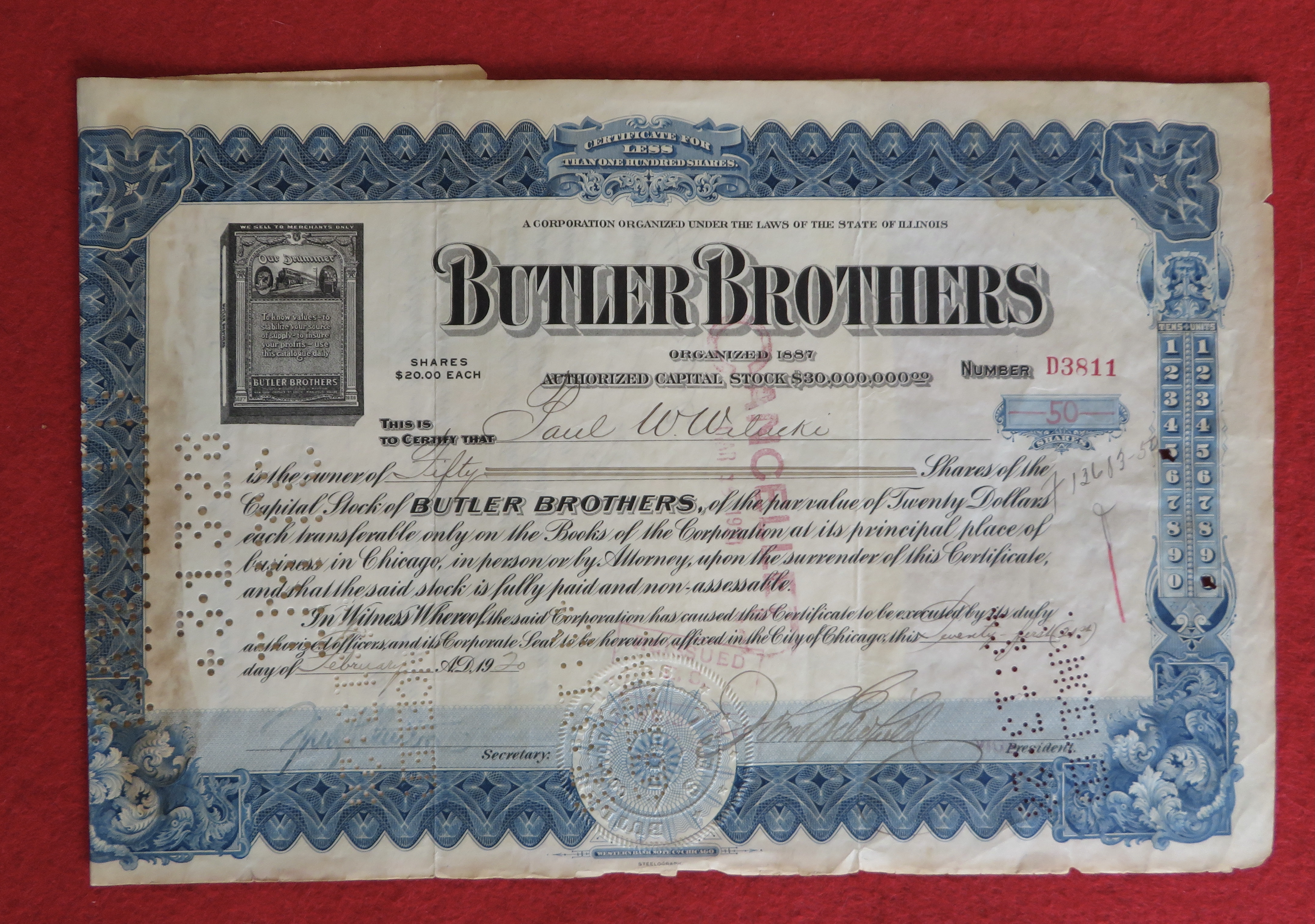 1920 Butler Brothers Catalogue Co Stock Certificate