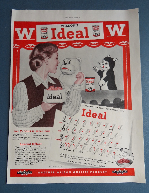 1951 Wilson's Ideal Dog Food with Woman & Dog & Cat Puppet