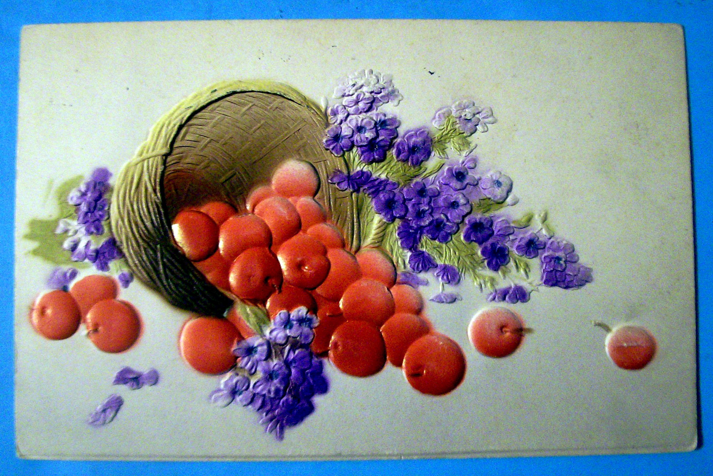 Best Wishes Postcard w/Apples & Purple Flowers