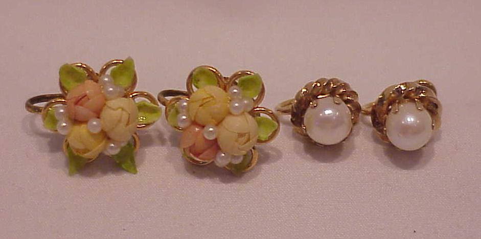 2 Pairs Vintage Screwback Earrings - Pearl, Celluloid Flowers