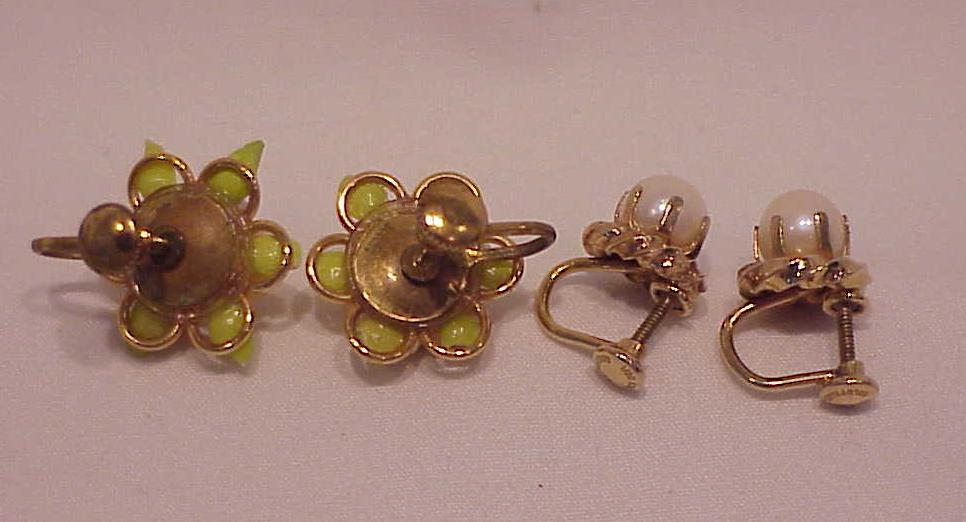 2 Pairs Vintage Screwback Earrings - Pearl, Celluloid Flowers