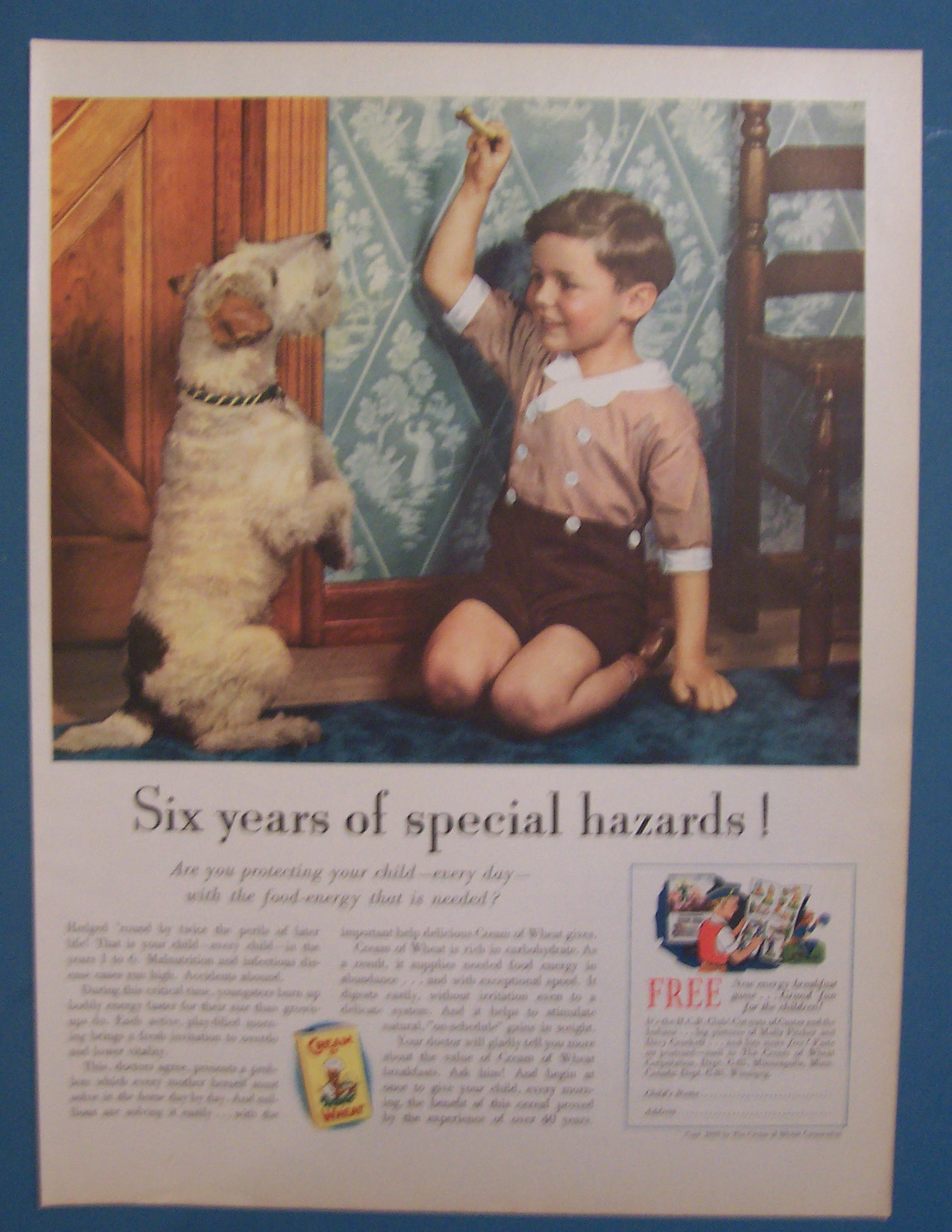 1935 Cream Of Wheat Cereal with Boy Giving Dog A Bone