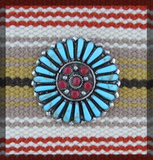 Zuni Sleeping Beauty Turquoise Coral Sterling Silver Br