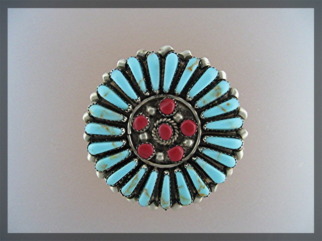 Zuni Sleeping Beauty Turquoise Coral Sterling Silver Br