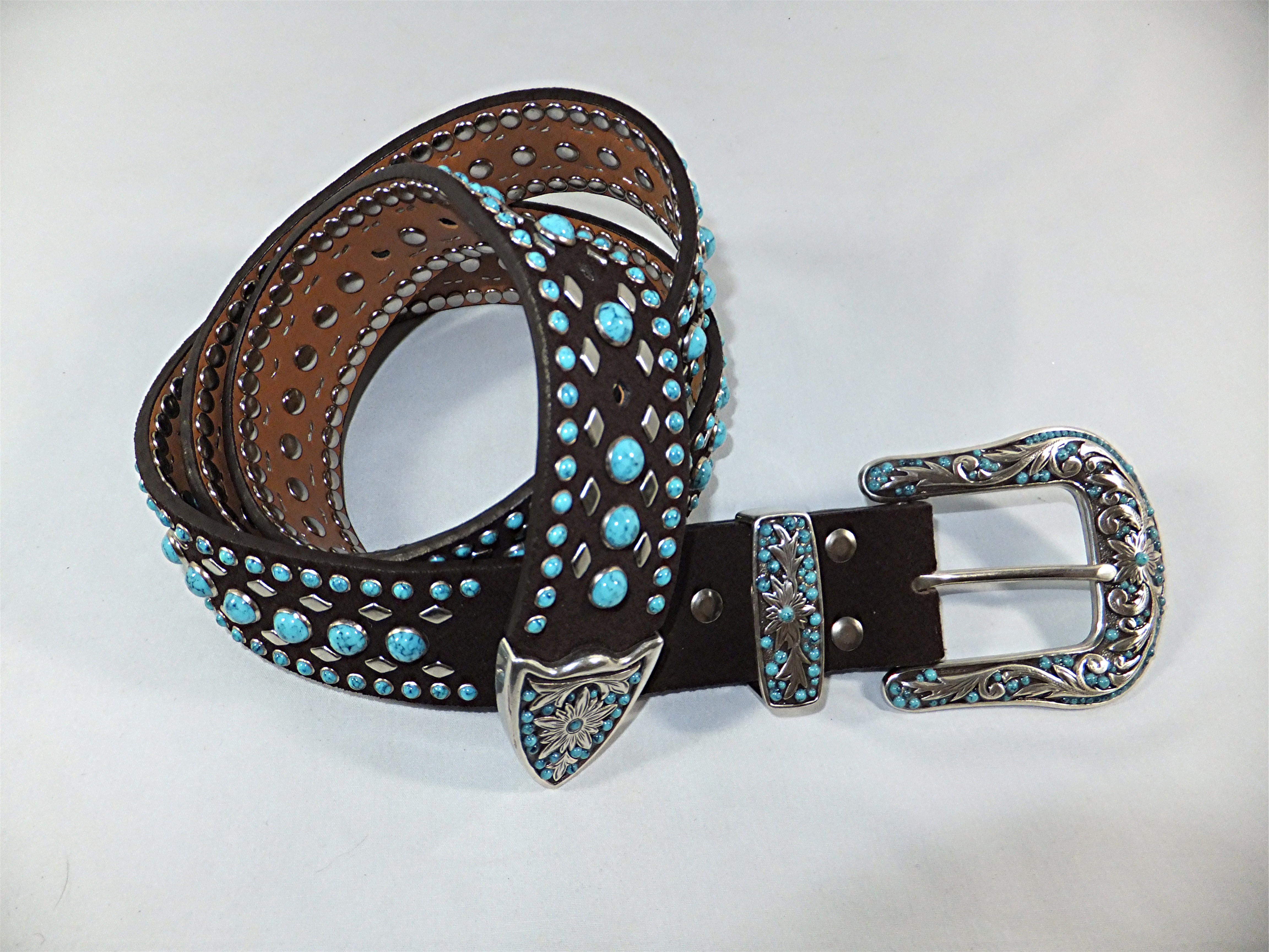 Belt Nocona Black Suede Leather Turquoise Stones Silver