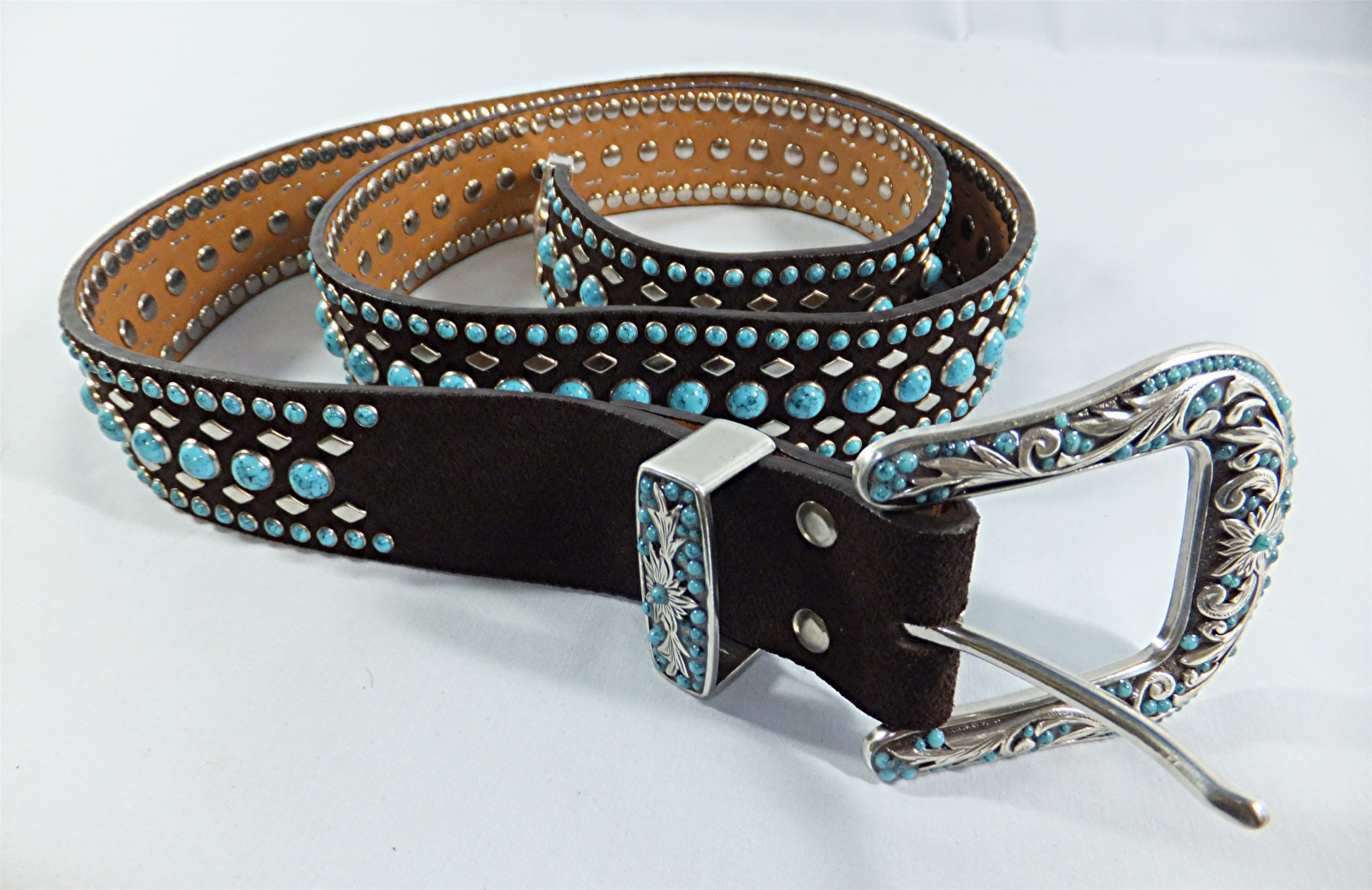 Belt Nocona Black Suede Leather Turquoise Stones Silver