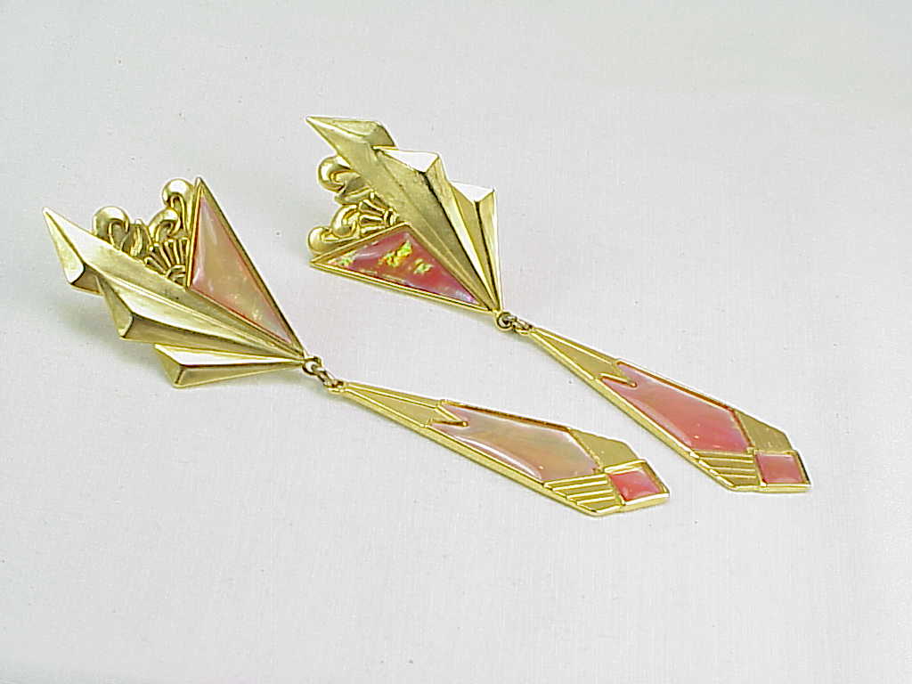 Duri Art Deco Style Long Dangling Pink Abalone Pierced Earrings