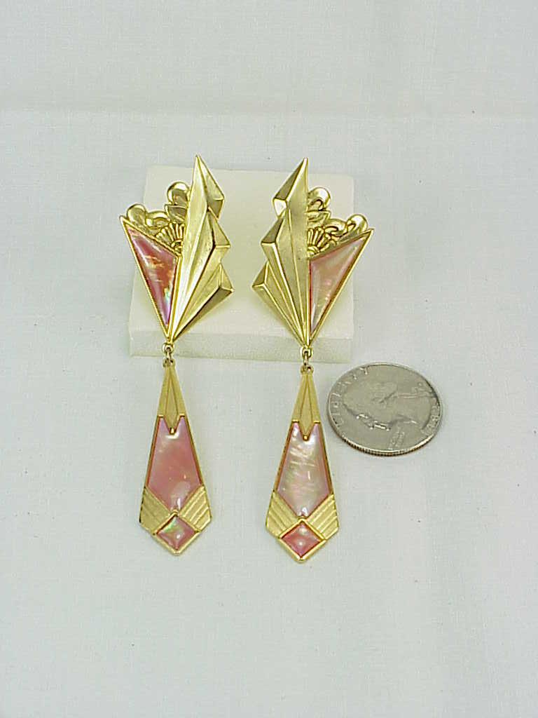 Duri Art Deco Style Long Dangling Pink Abalone Pierced Earrings