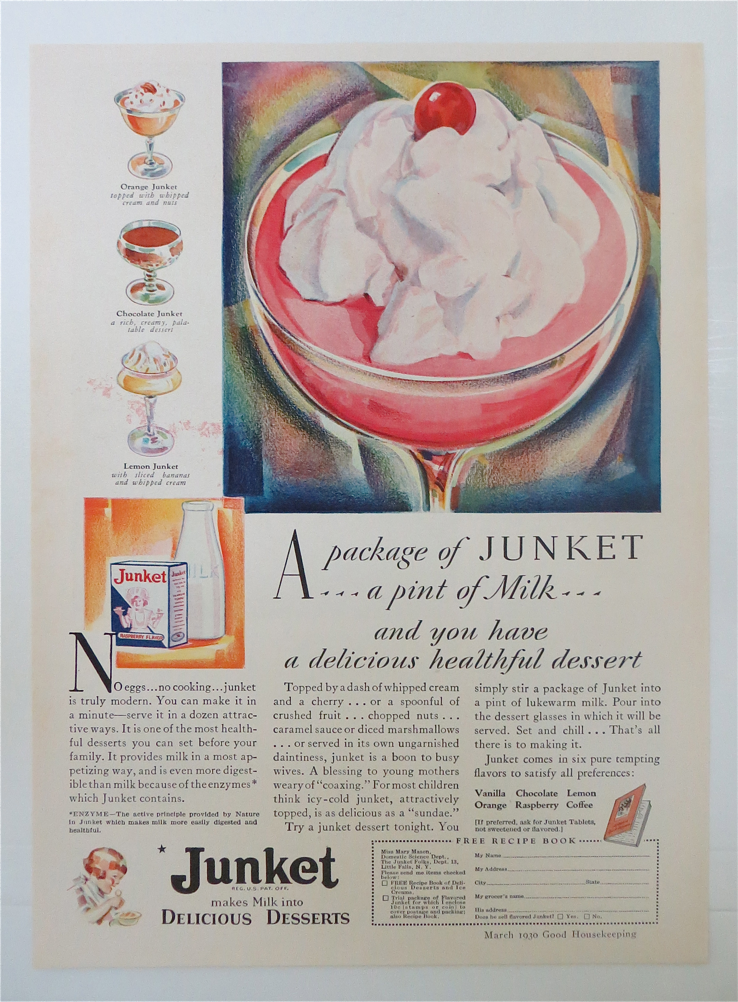 1930 Junket Raspberry Flavor w/ Whipped Cream & Cherry