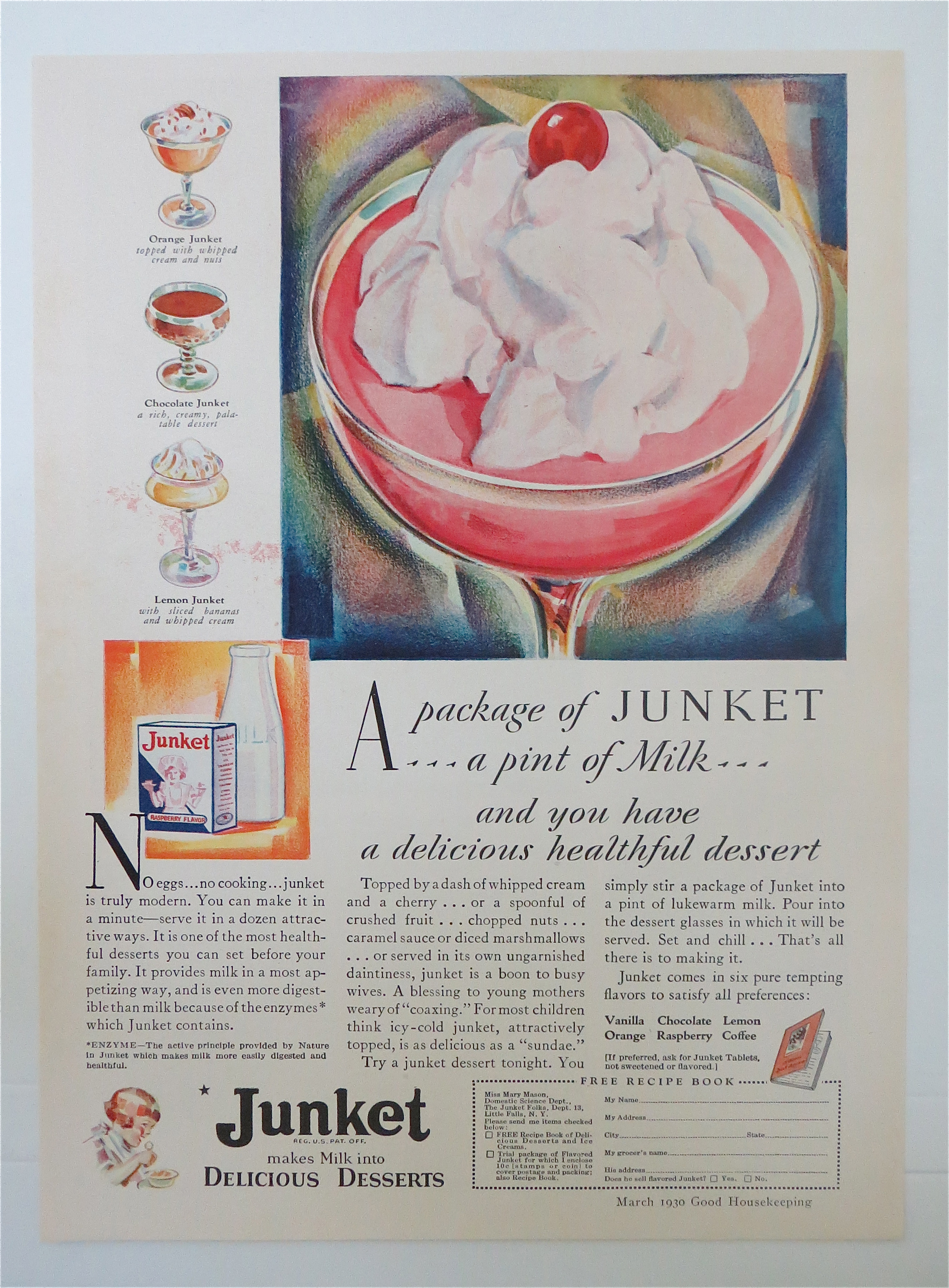 1930 Junket Raspberry Flavor w/ Whipped Cream & Cherry