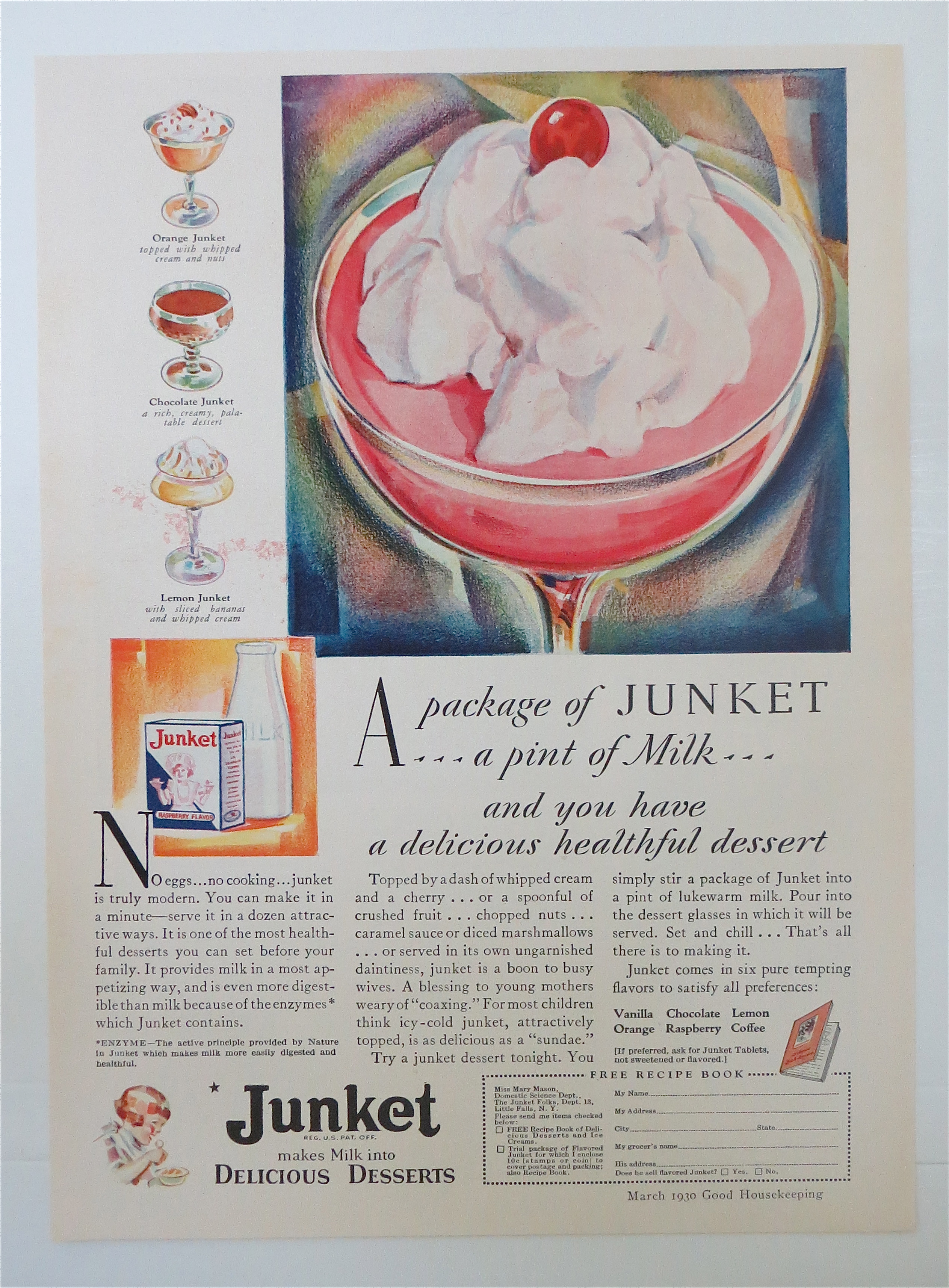 1930 Junket Raspberry Flavor w/ Whipped Cream & Cherry