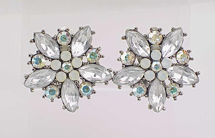 Aurora Borealis And Clear Rhinestone Clip Earrings