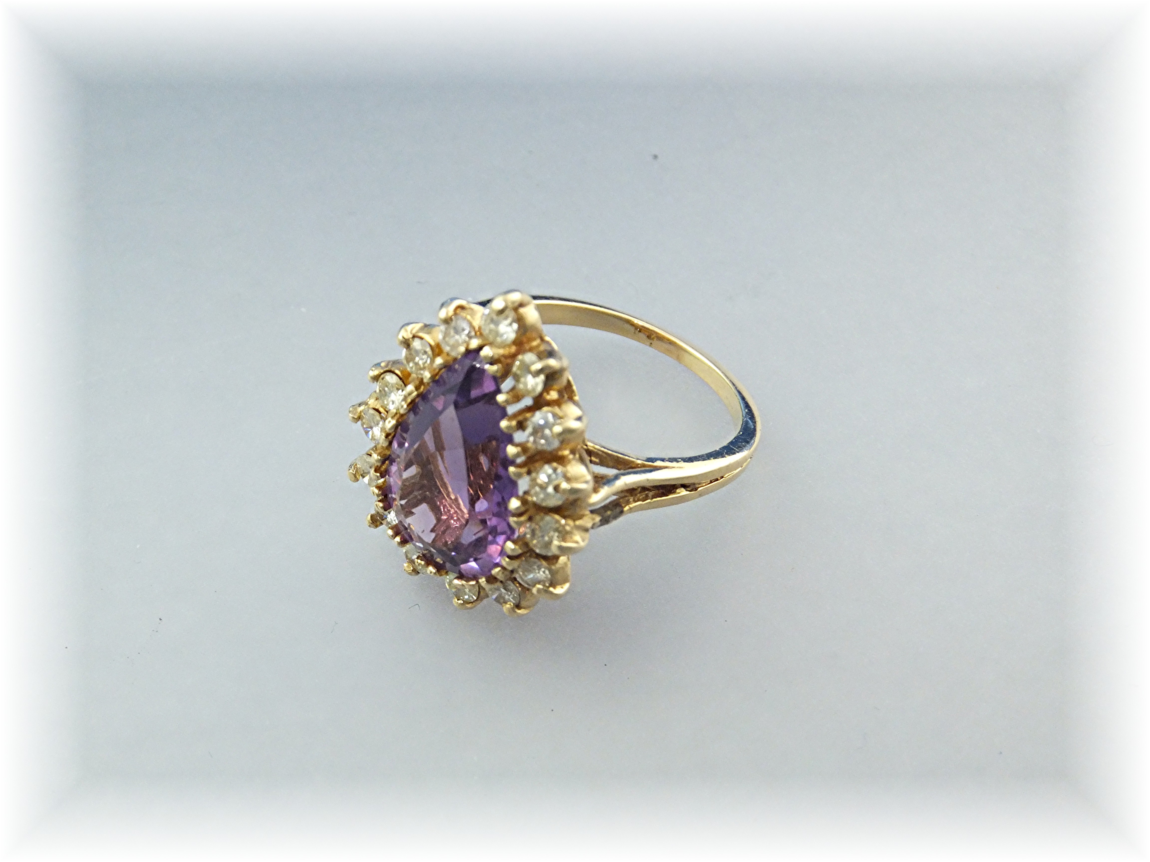 Ring 14K Gold Diamond and  Pear Shape  Amethyst