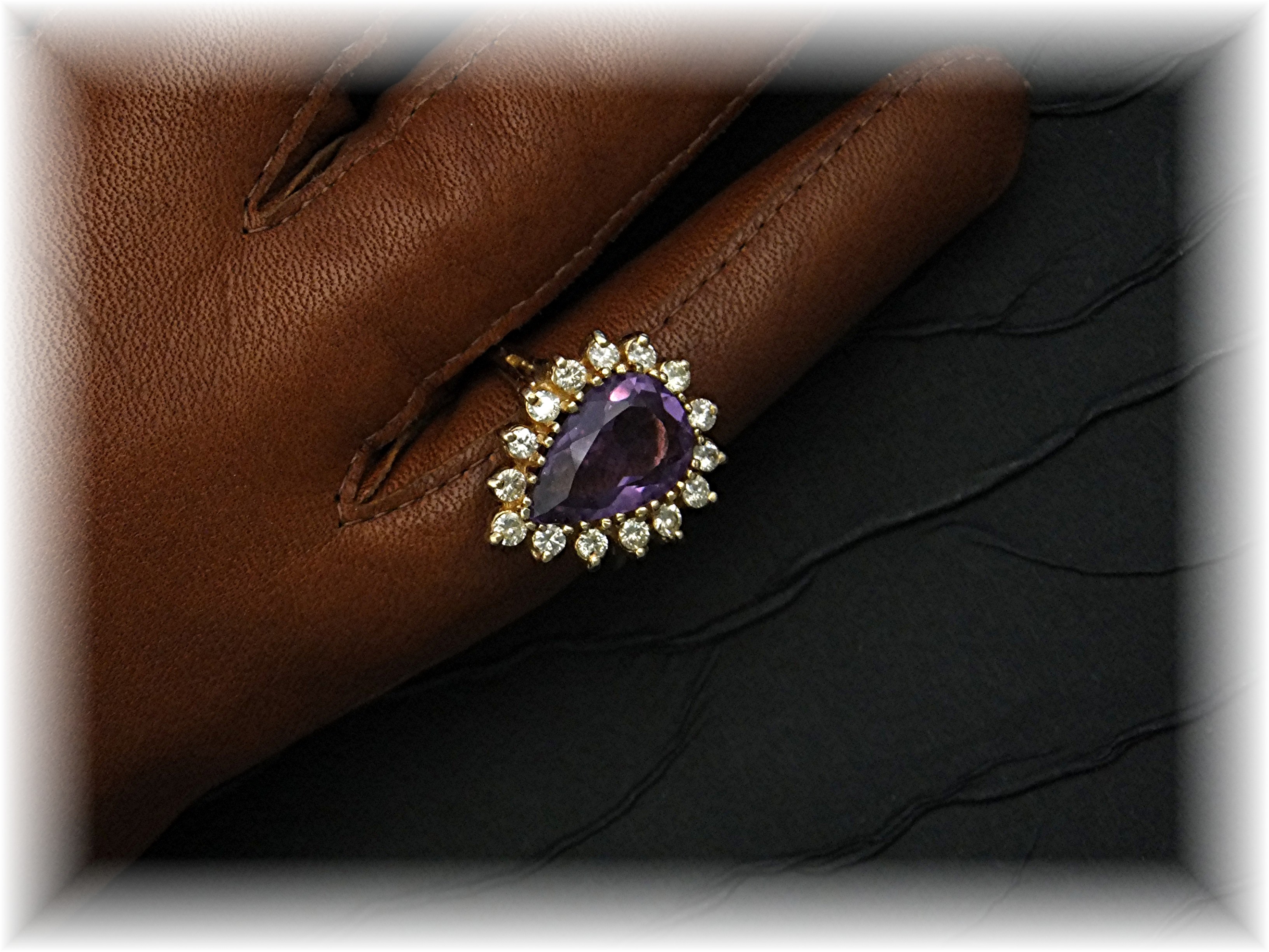 Ring 14K Gold Diamond and  Pear Shape  Amethyst