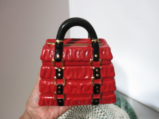 David's Cookies Red Pleated handbag Cookie Jar