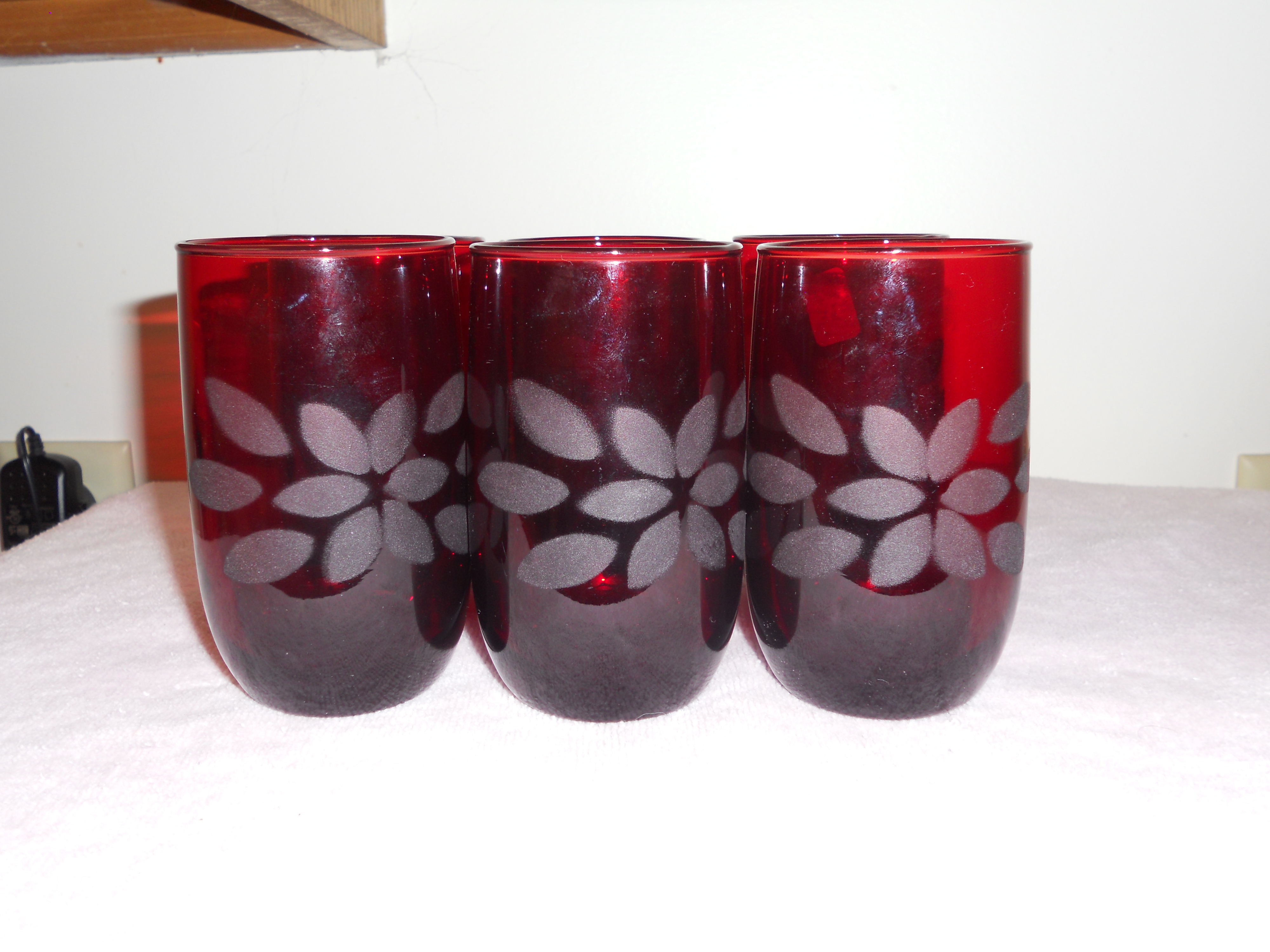 Acid Floral Etched Ruby Glass Tumblers Set 6