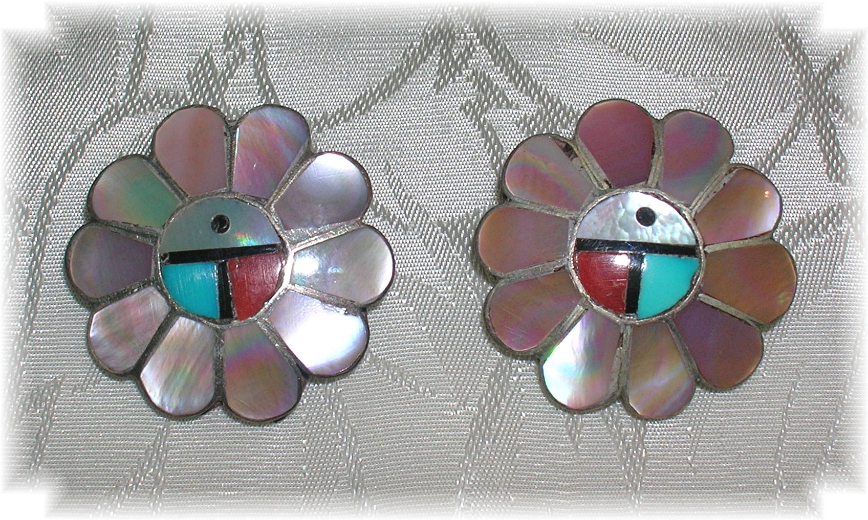Zuni Sterling Silver Mother Pearl Turquoise Onyx Earrin
